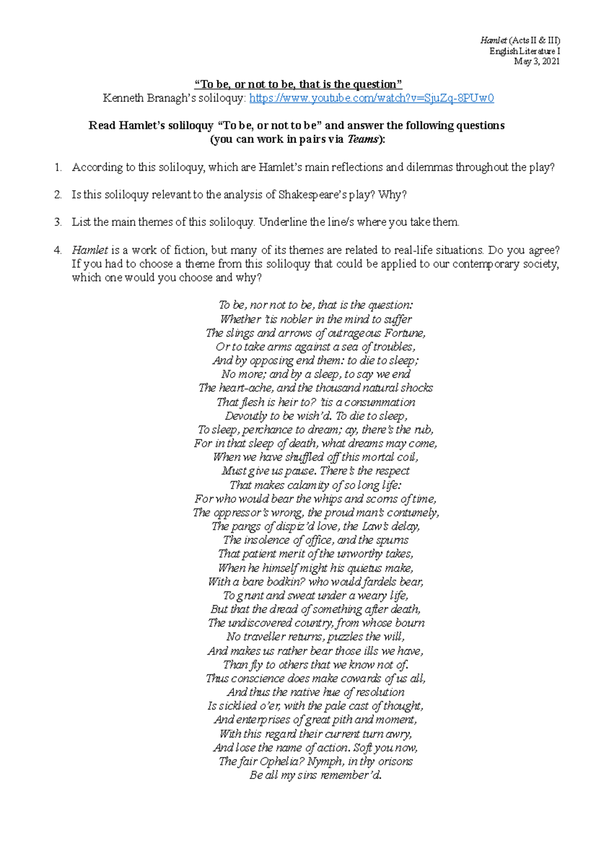 Hamlet Soliloquy To Be Or Not To Be 2 Soliloquy TO BE OR NOT TO Be Hamlet English Literature - Hamlet (Acts