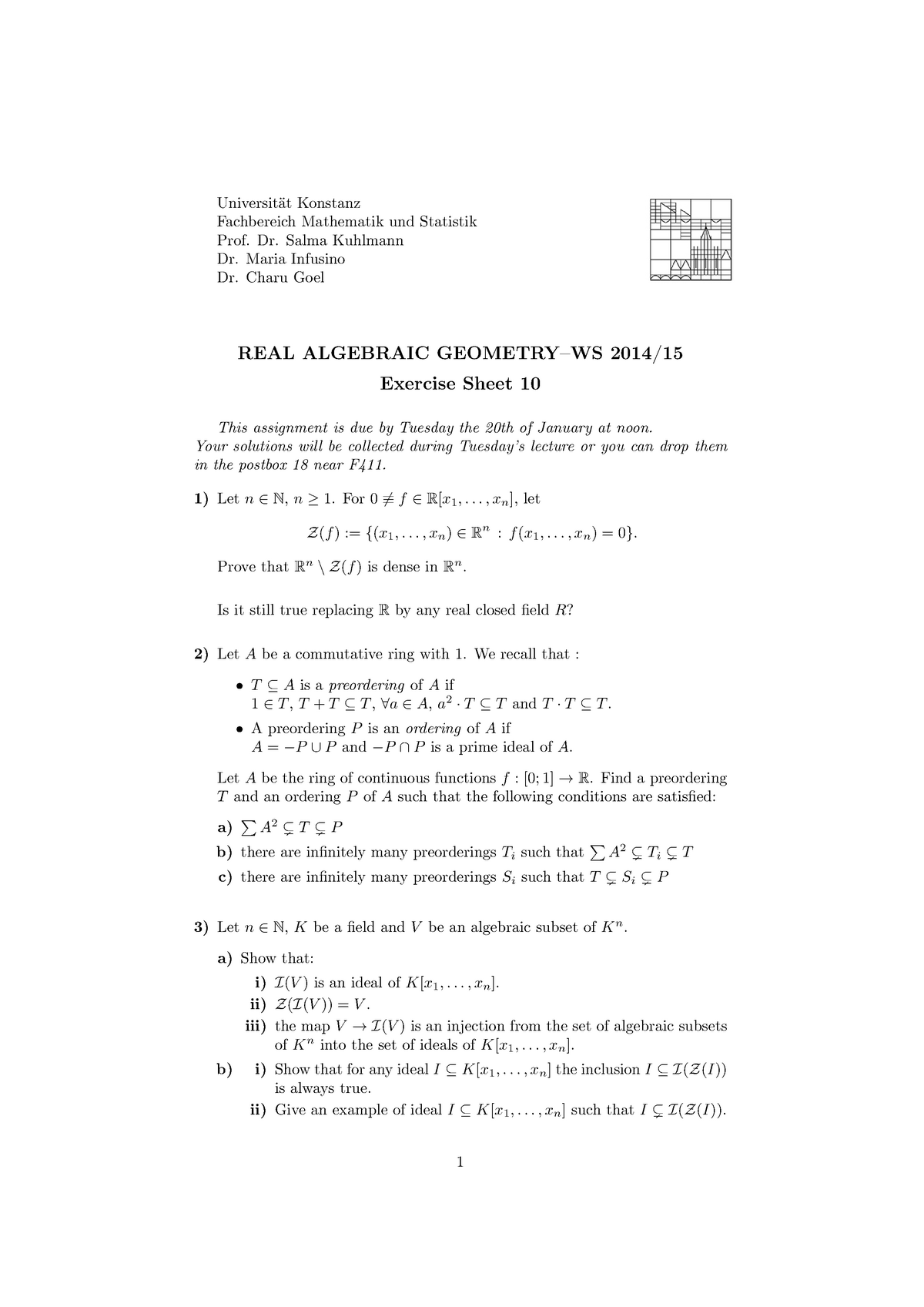 Ex Sheet 10 Questions And Tasks Reelle Algebraische Geometrie I Studocu