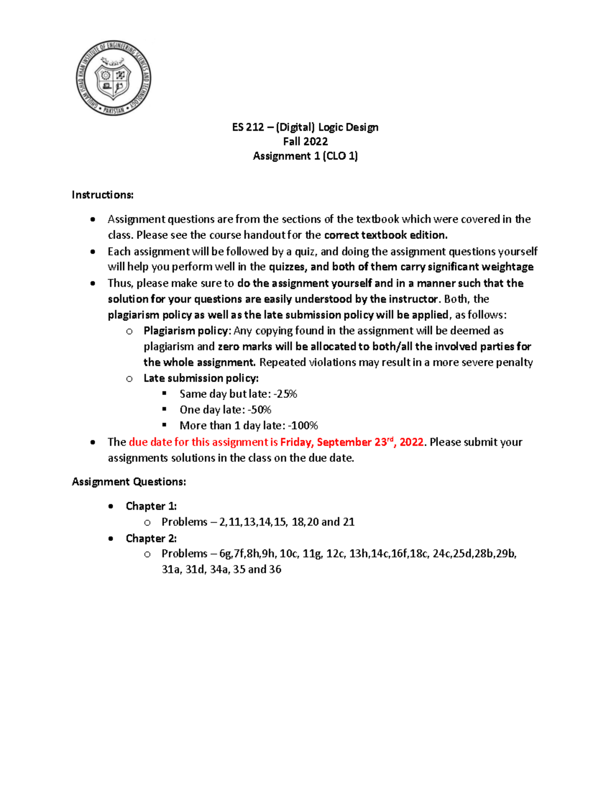 Assignment 1 1 - ES 212 – (Digital) Logic Design Fall 2022 Assignment 1 ...