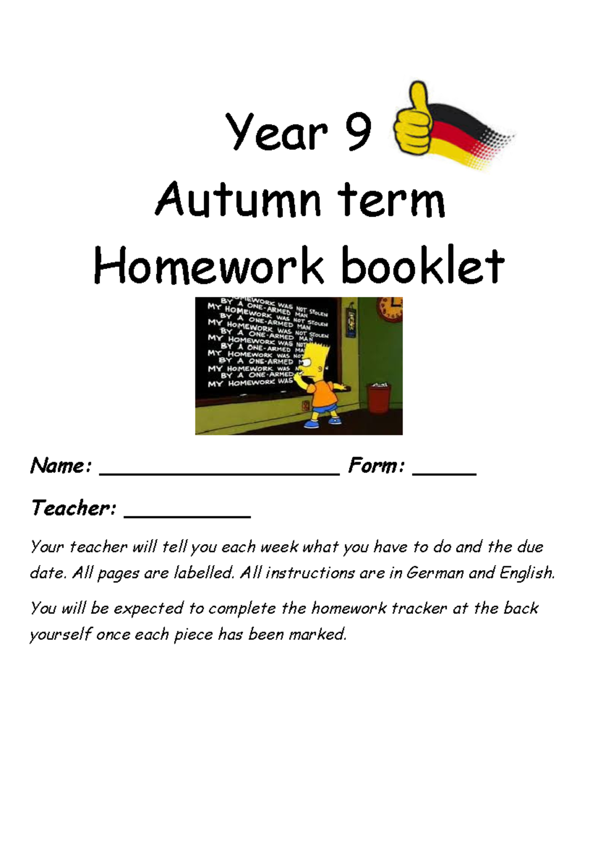 German Year 9 Autumn term - Year 9 Autumn term Homework booklet Name