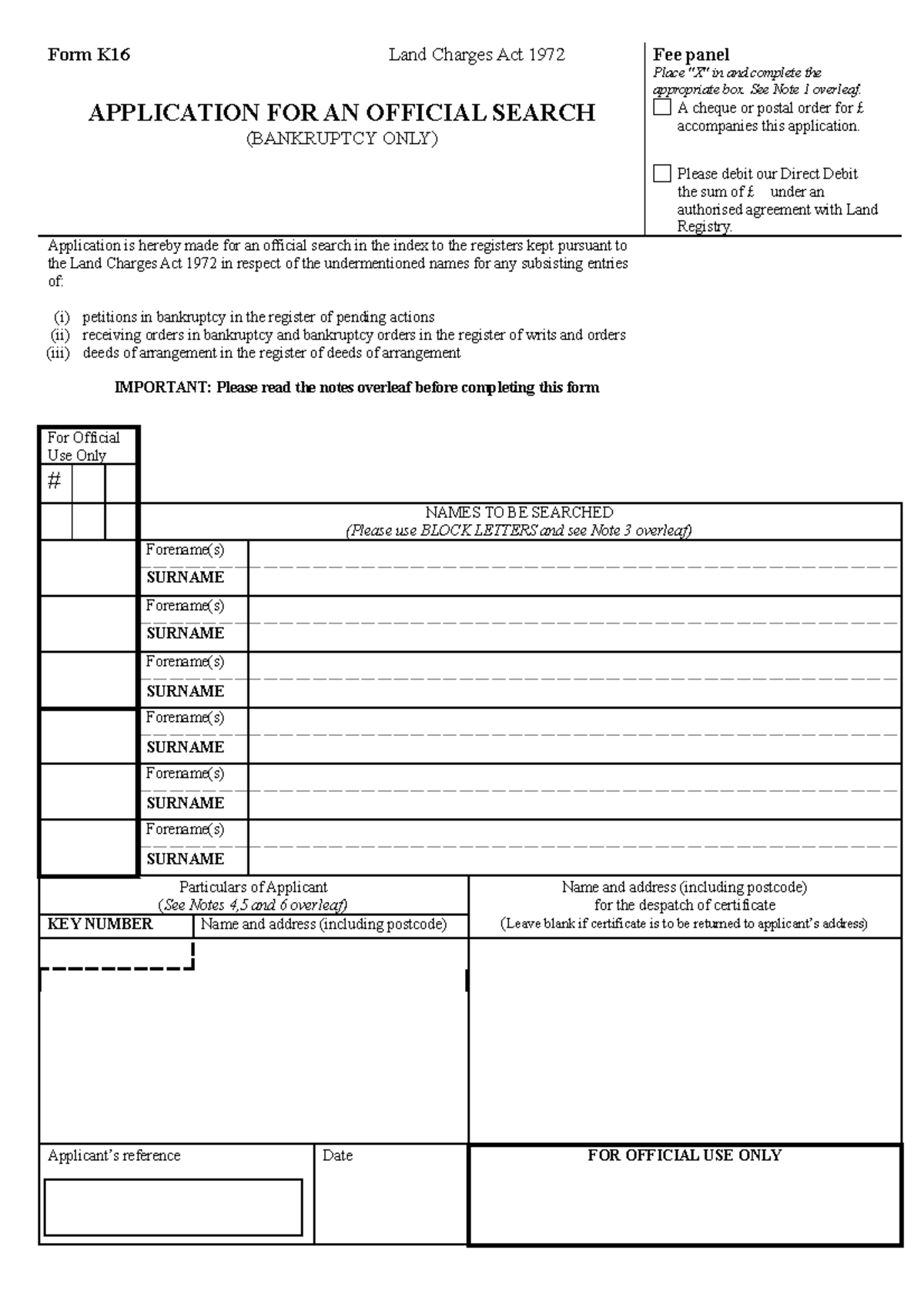 K16 - Blank Form - Form K16 Land Charges Act 1972 Fee panel Place 