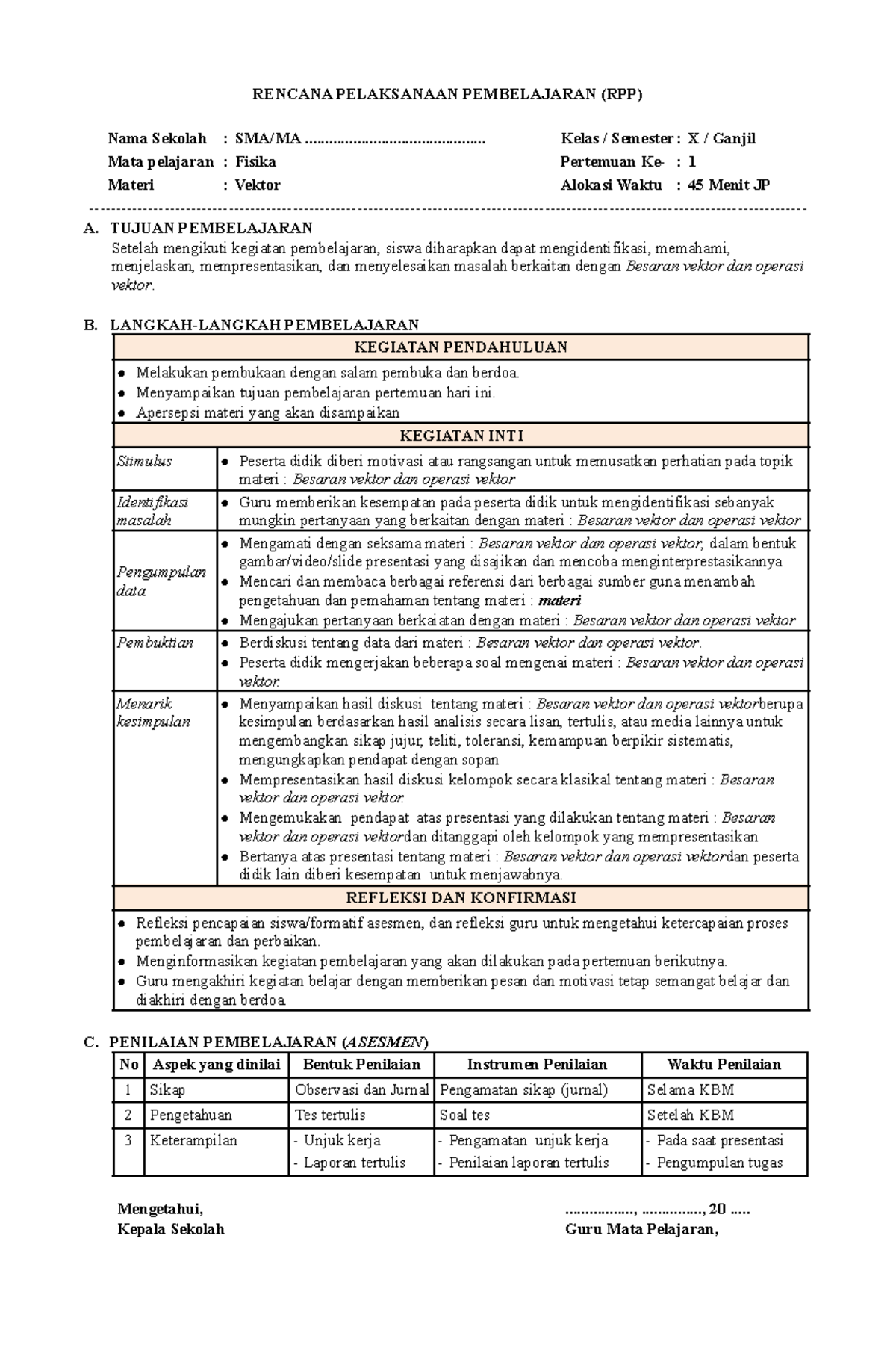 RPP Vektor - The Implementation Plan for learning the material of the ...