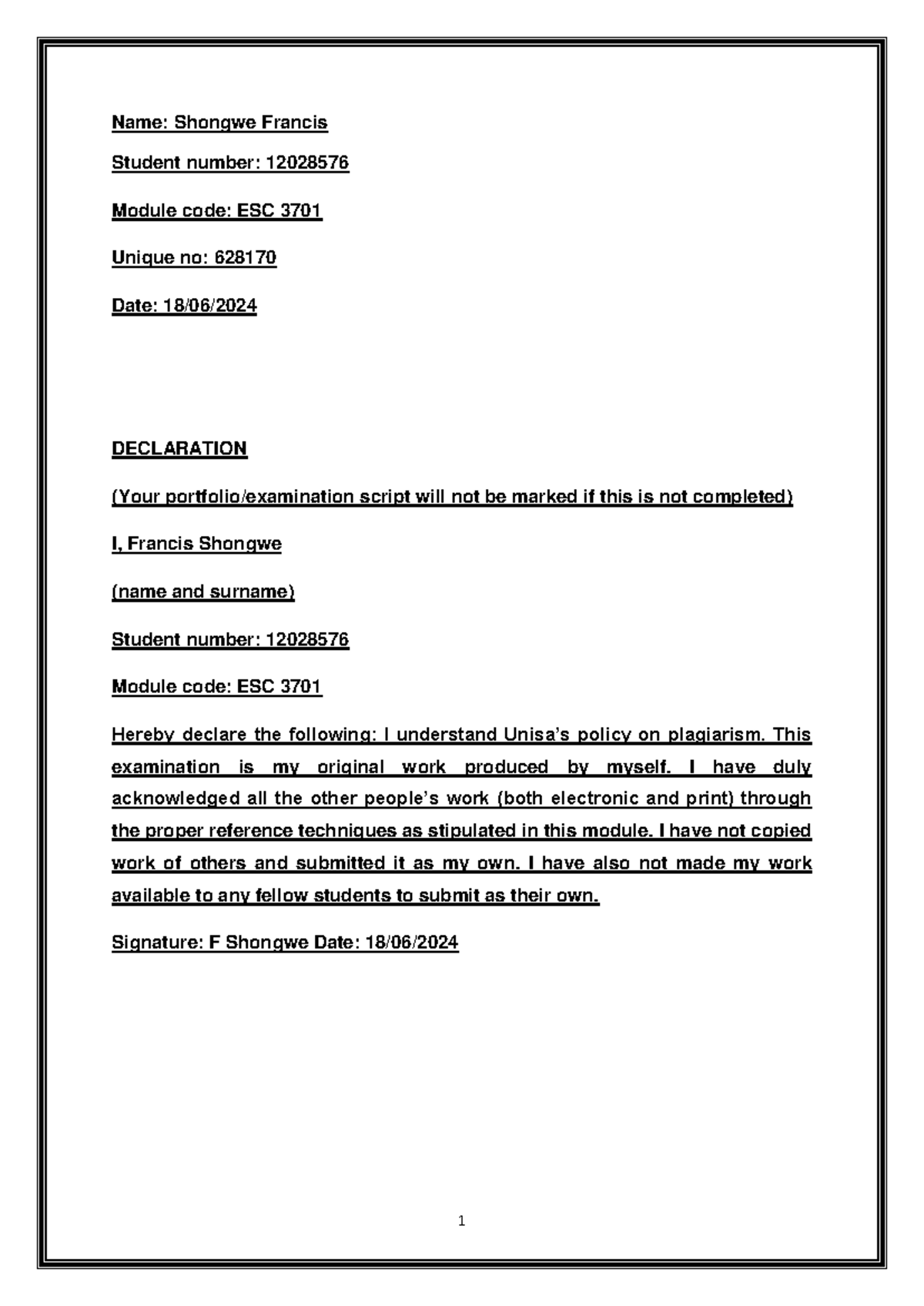 Esc 3701 Assignment 3 2024 074313 - Name: Shongwe Francis Student 