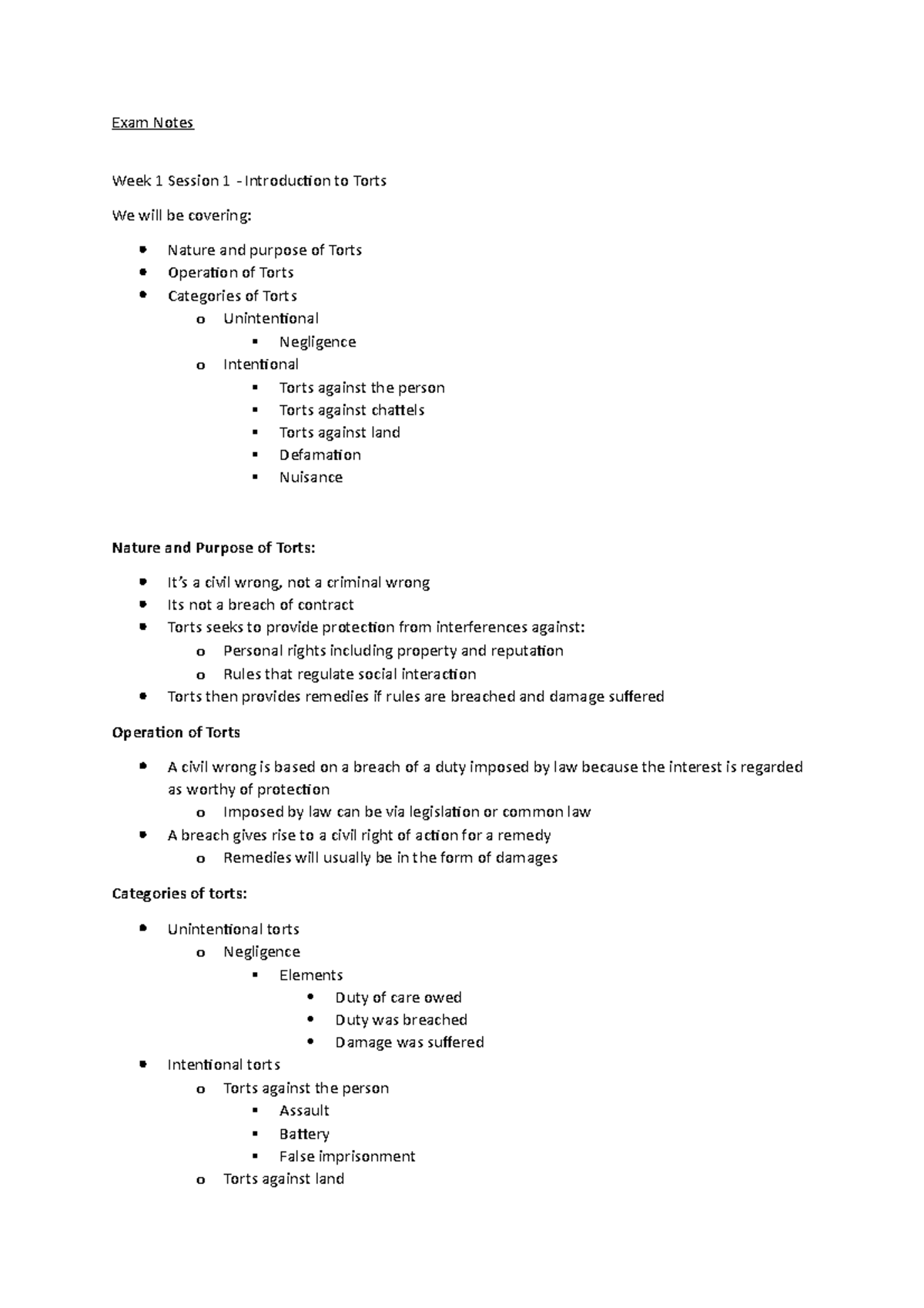 Exam Notes - Exam Notes Week 1 Session 1 - Introduction to Torts We ...