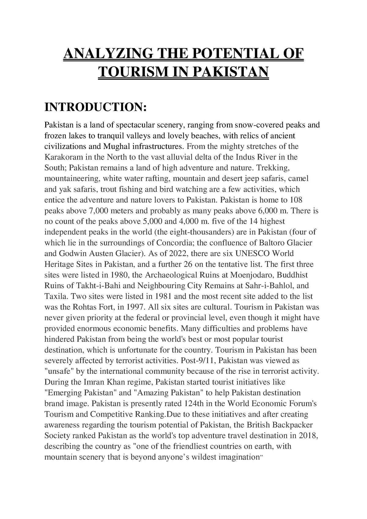 tourism in pakistan essay 2022