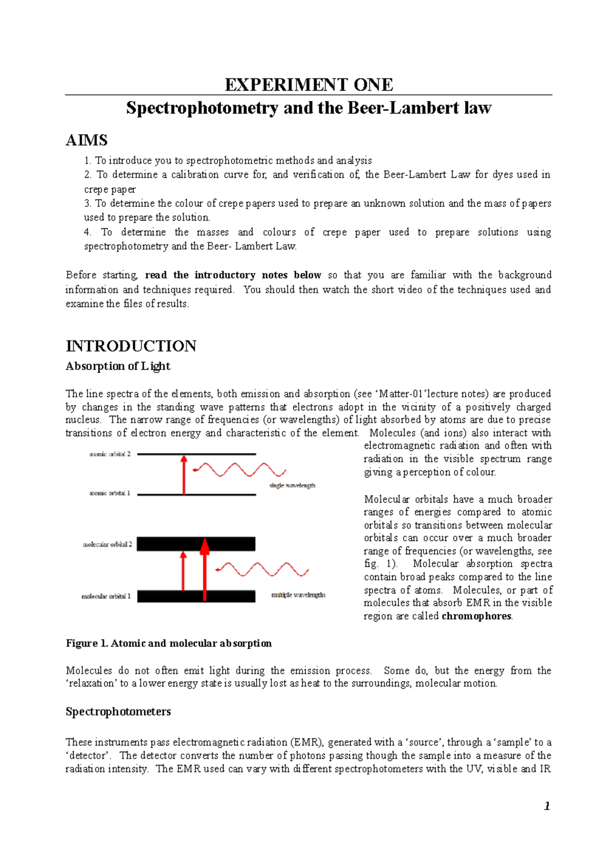 experiment 1 introduction to the spectrophotometer and beer's law