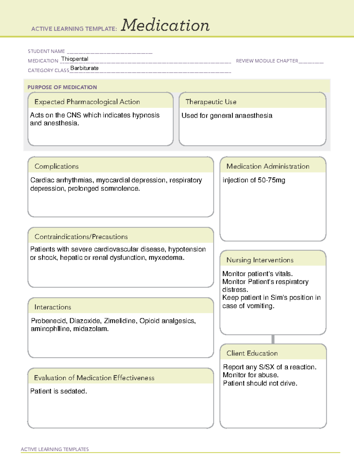 Thiopental ACTIVE LEARNING TEMPLATES Medication STUDENT NAME