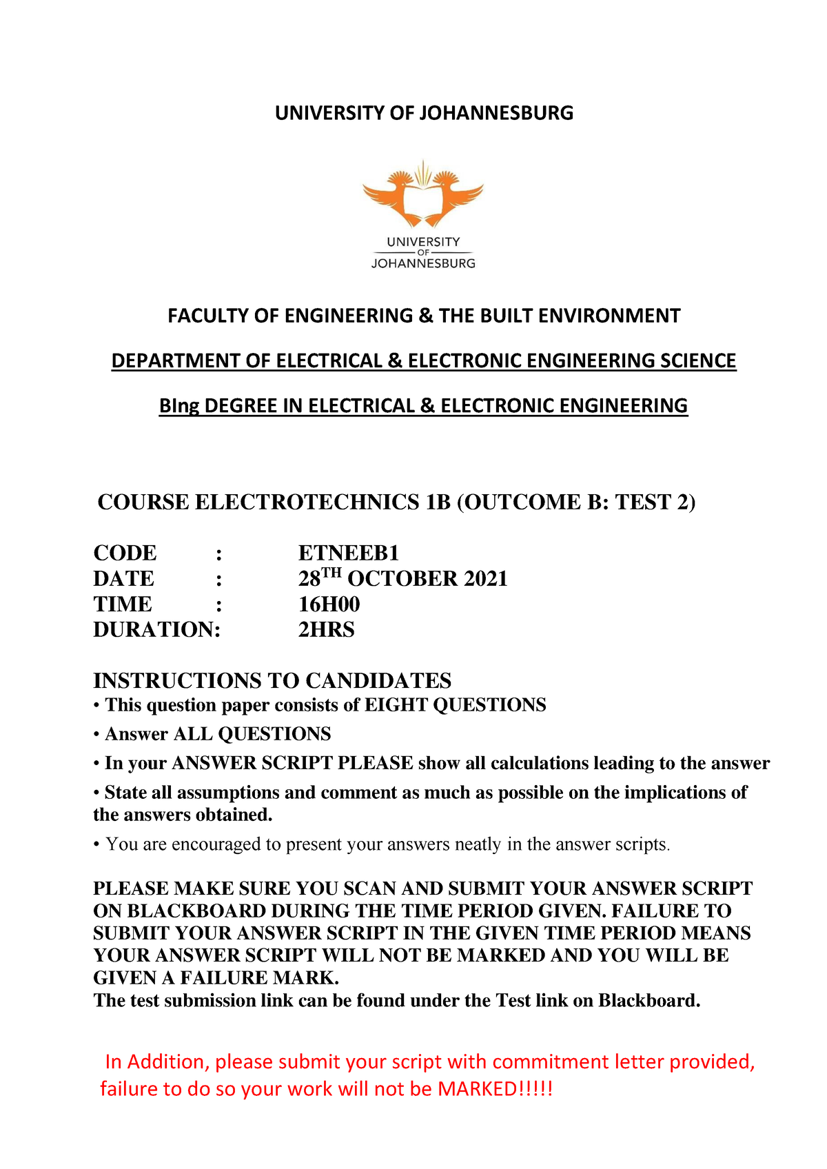 Electrotechnics 1B Outcome B TEST 2 2021 - UNIVERSITY OF JOHANNESBURG ...