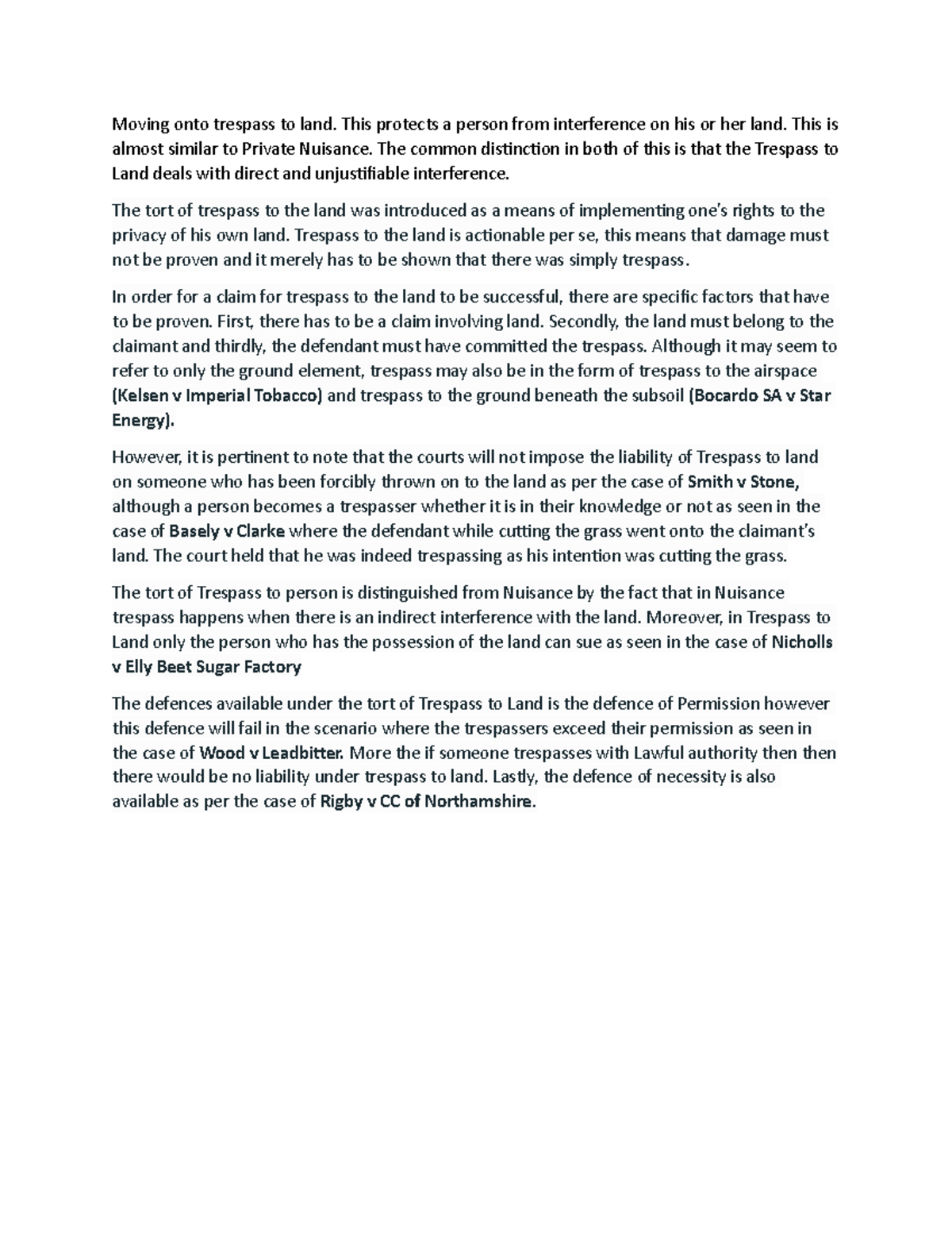 Trespass to land - This protects a person from interference on his or ...