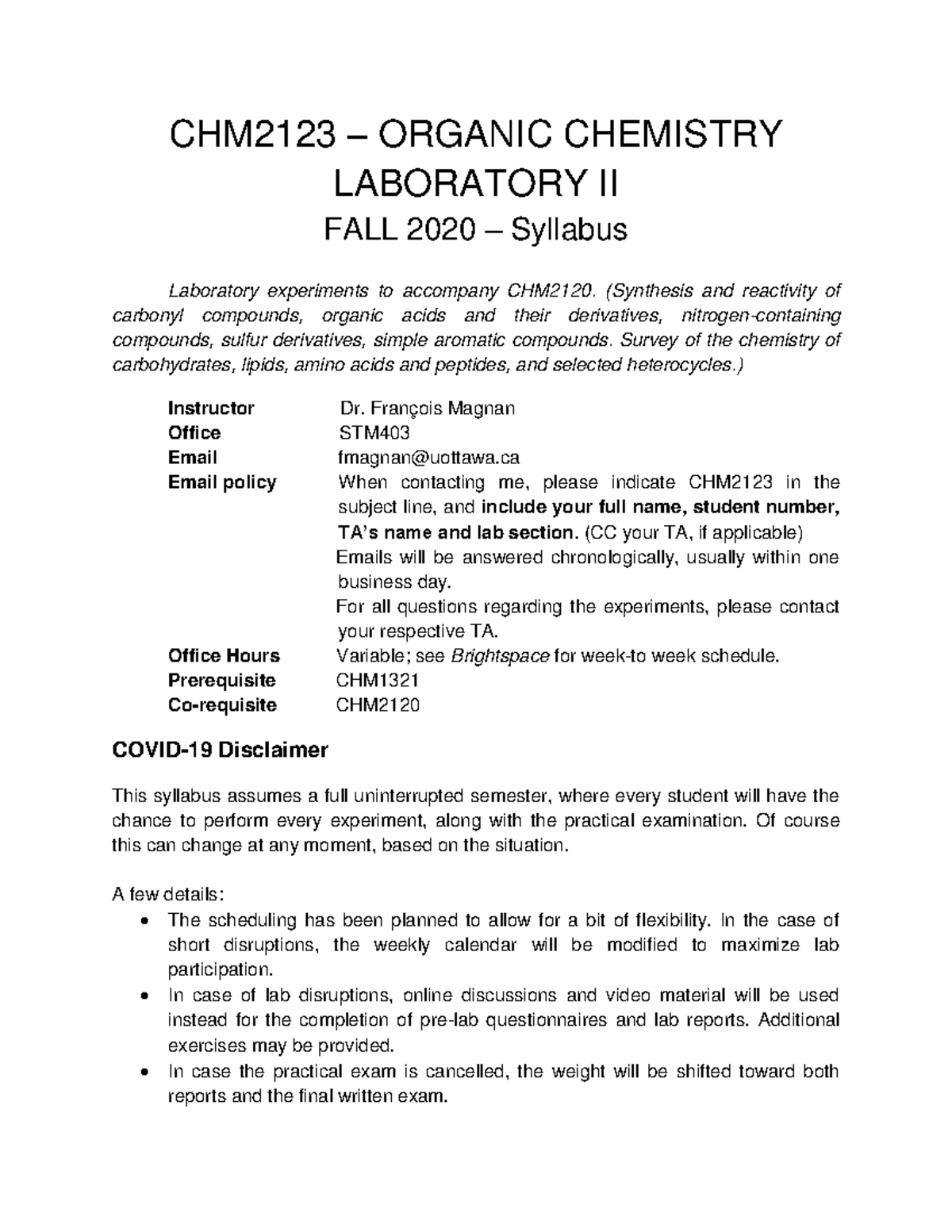 Organic Chemistry Lab Syllabus with Lab and Grade Breakdown (2020 Fall