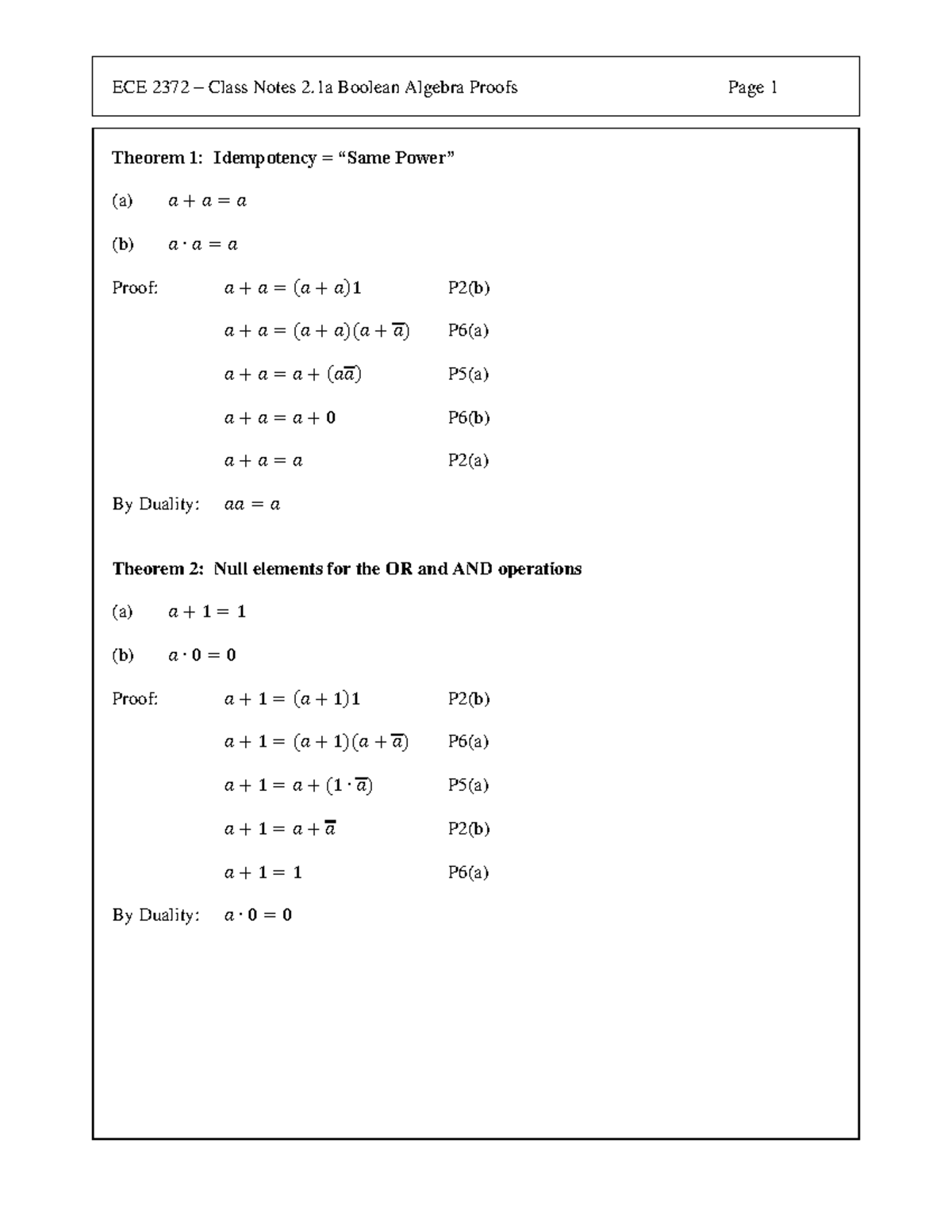 ECE 2372 Class Notes - Boolean Algebra Proofs - Theorem 1: Idempotency