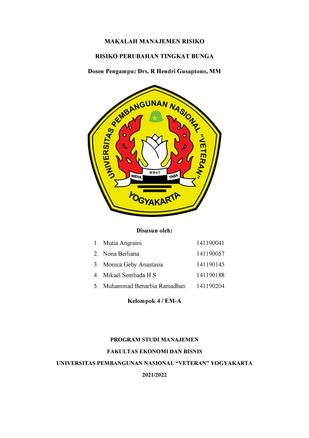 Makalah Risiko Perubahan Tingkat Bunga - MAKALAH MANAJEMEN RISIKO ...