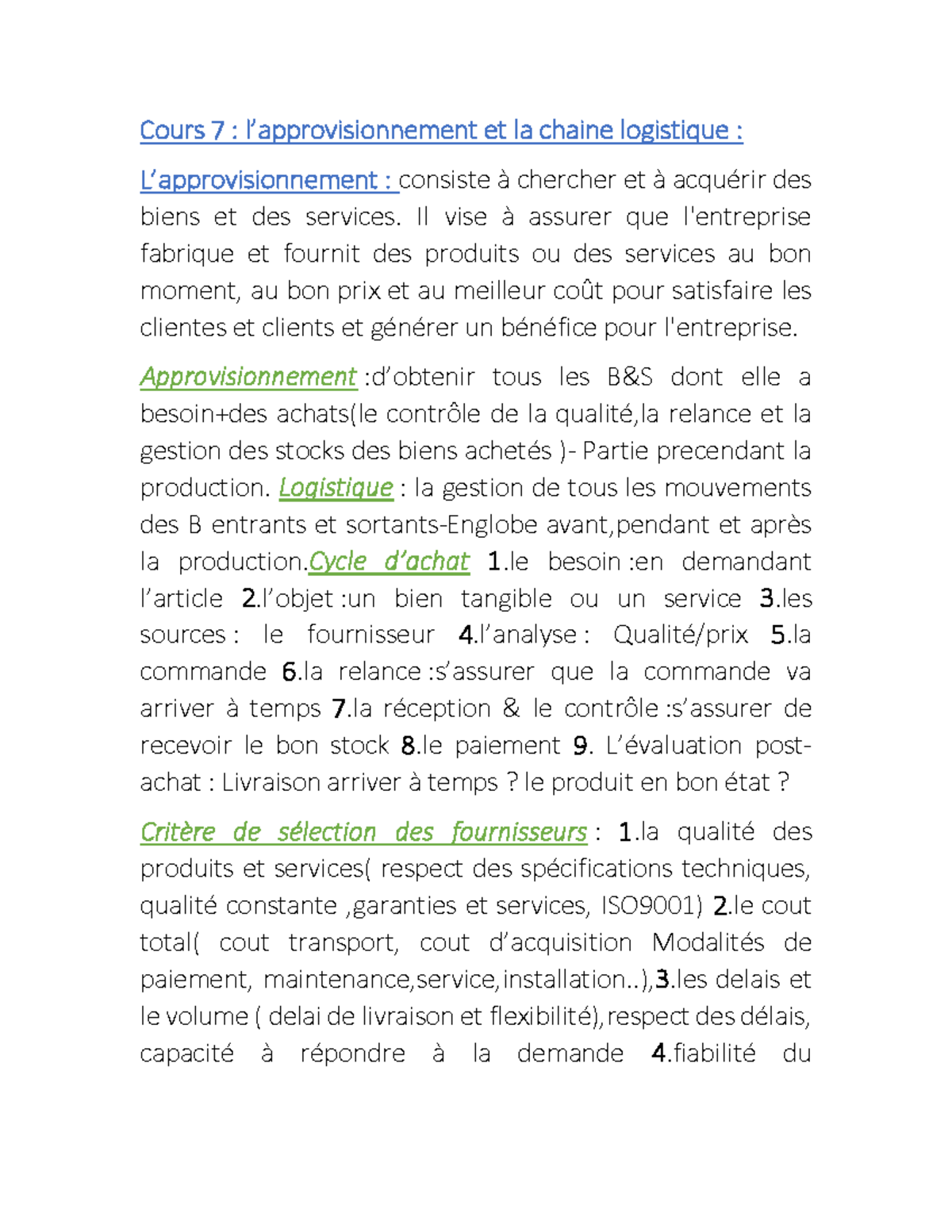 Resume Cours 7 GOL - Cours 7 : l’approvisionnement et la chaine ...