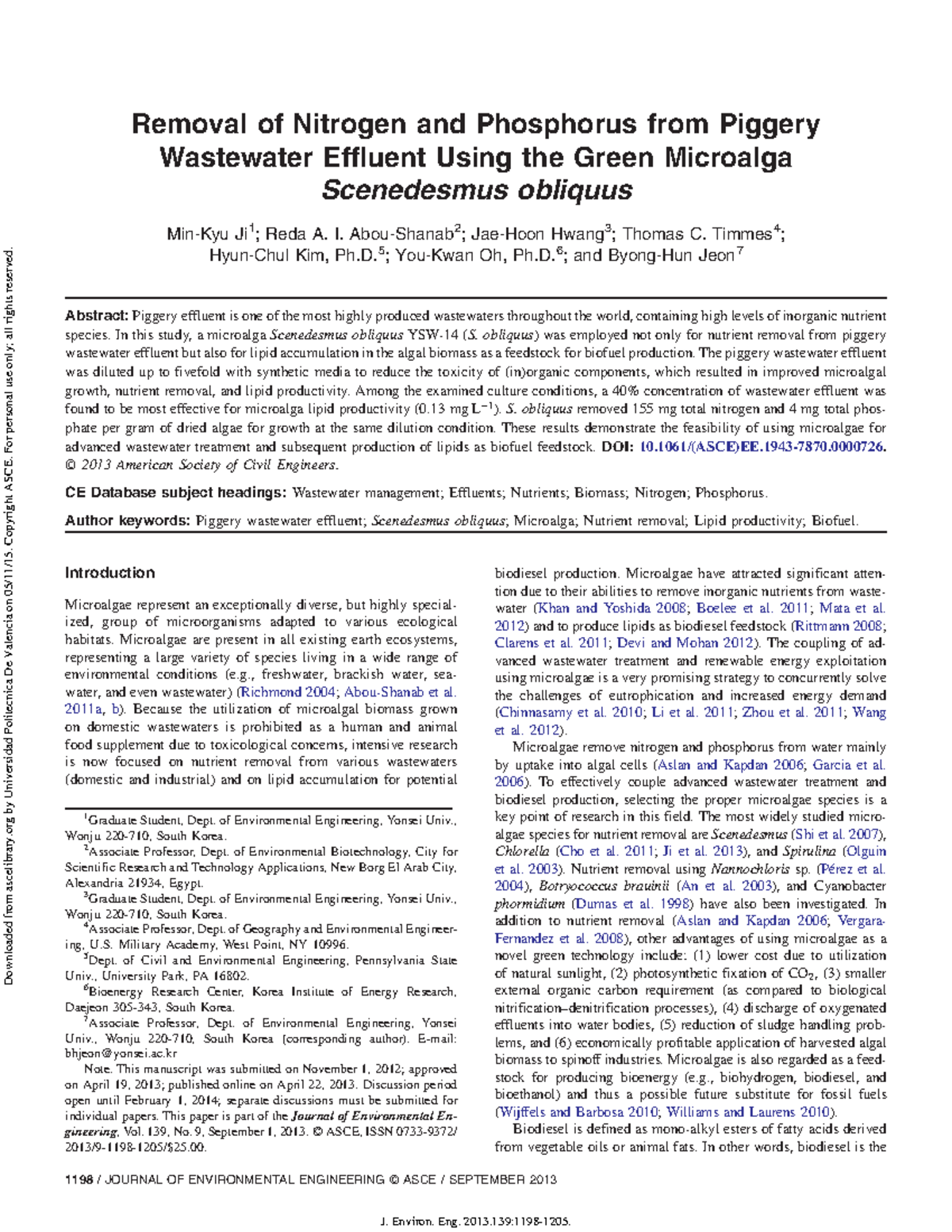 Removal of Nitrogen and Phosphorus from Piggery Wastewater Effluent ...