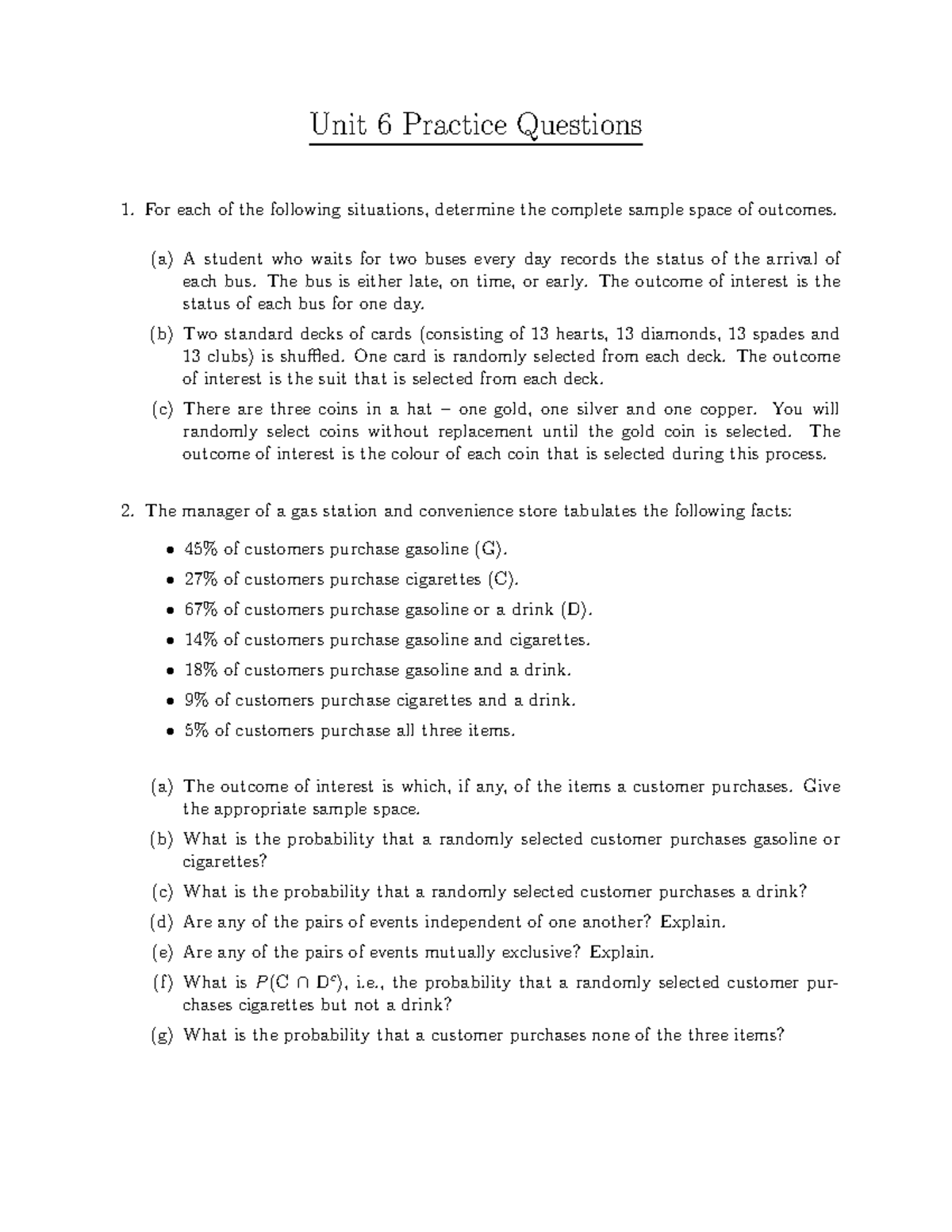 Unit 6 Practice Questions - Unit 6 Practice Questions For each of the ...