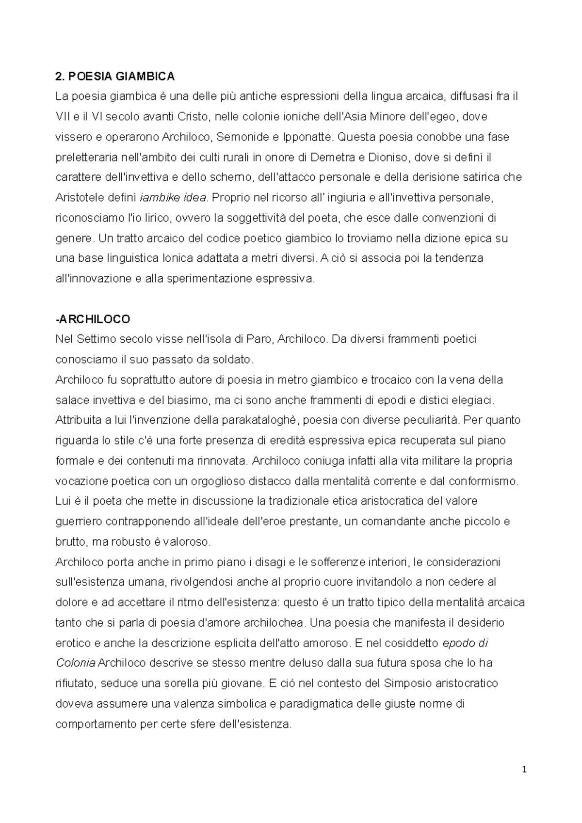 Poesia Giambica Archiloco Semonide Ipponatte 2 Poesia Giambica La Poesia Giambica E Una Delle Studocu