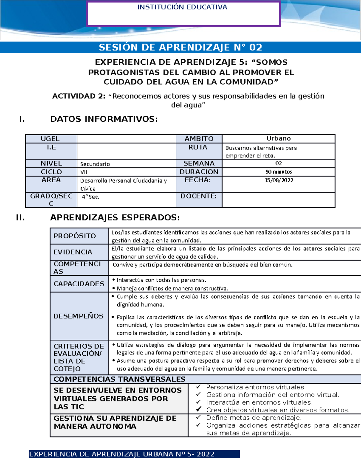 4° DPCC Sesion 2 EXP 5 URB - SESIÓN DE APRENDIZAJE N° 02 EXPERIENCIA DE ...