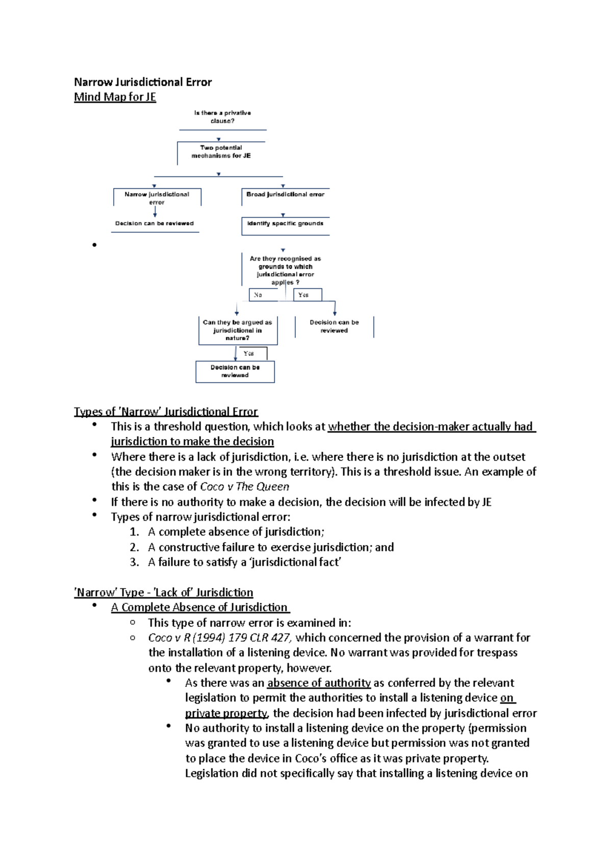 Week 8 Lecture notes Narrow Jurisdictional Error Mind Map for JE