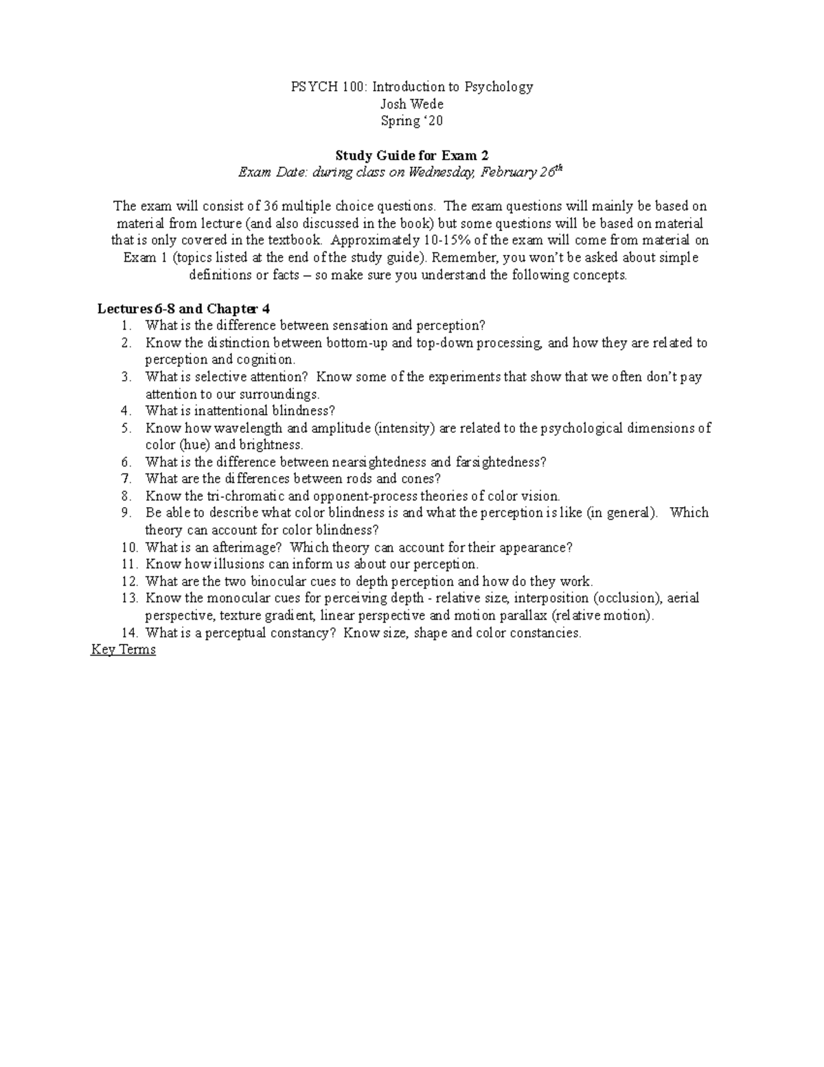Study Guide Ex 2 updated - PSYCH 100: Introduction to Psychology Josh ...