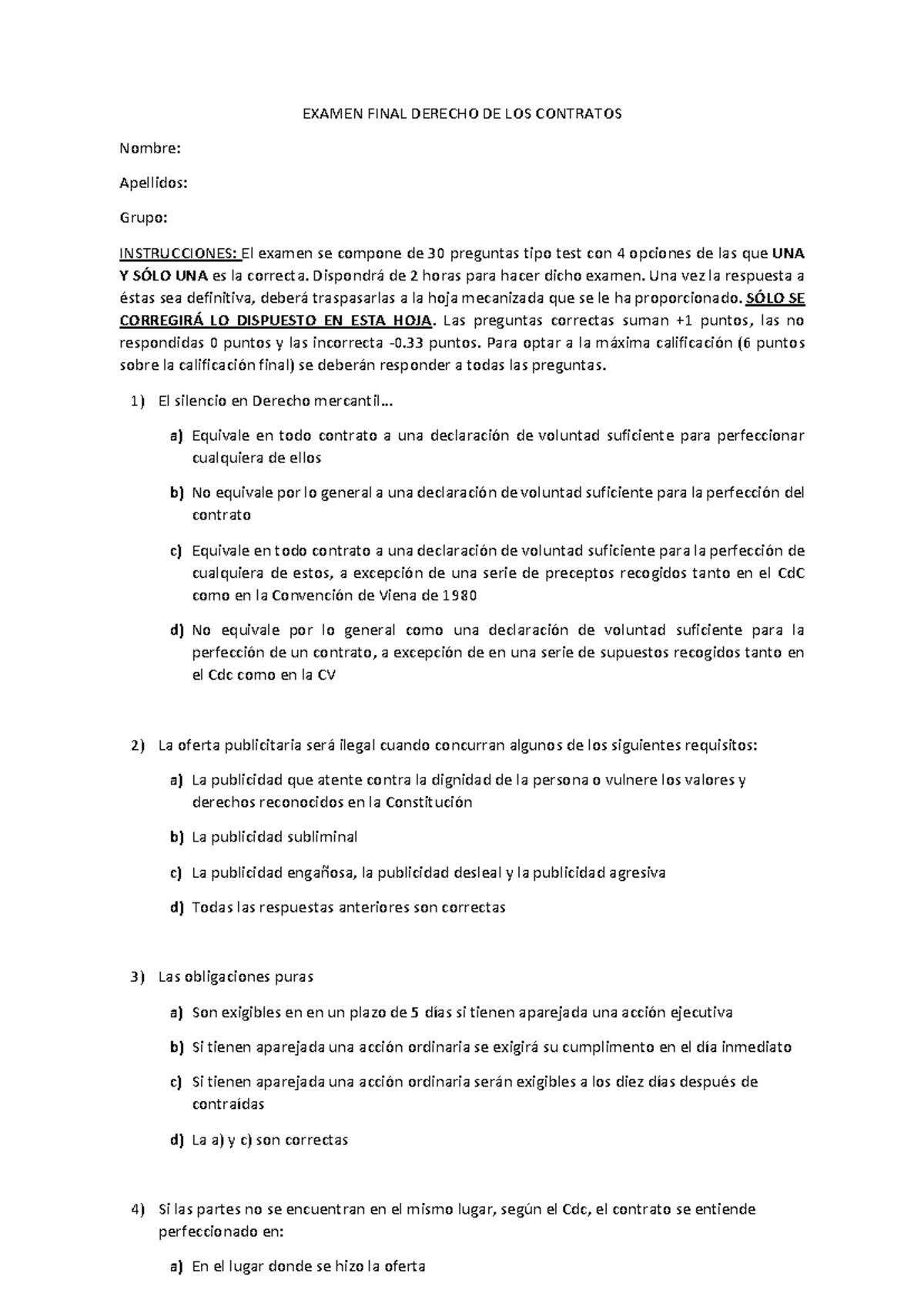 Examen Final Derecho DE LOS Contratos - EXAMEN FINAL DERECHO DE LOS ...