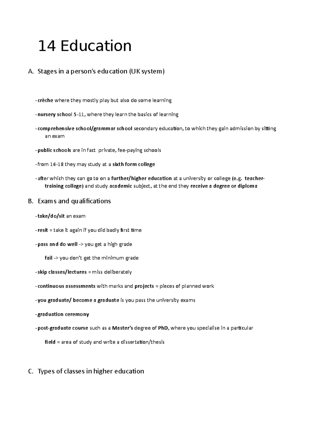 Vocabulary in use ex. 1ste trim 14 Education A. Stages in a education