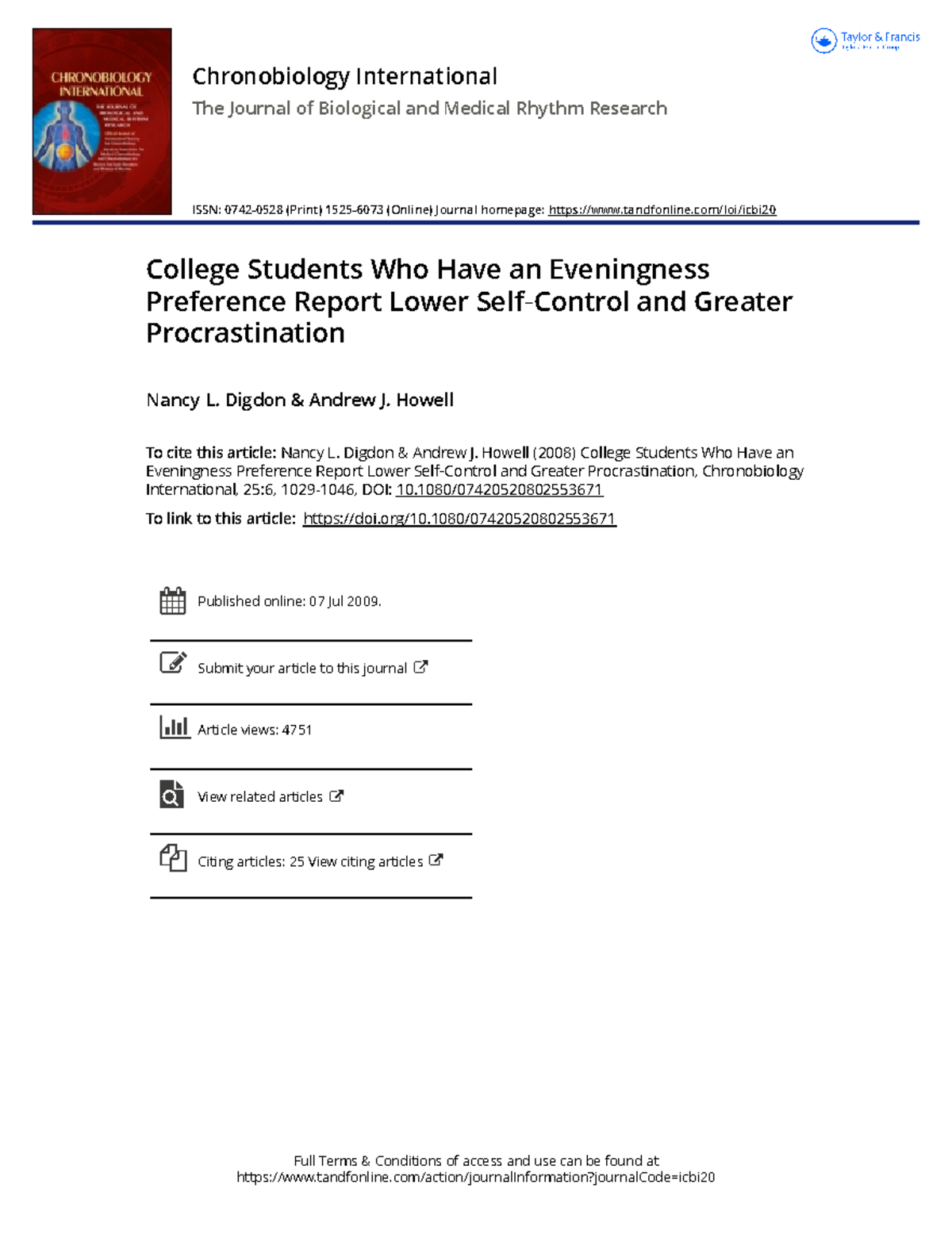 College Students Who Have an Eveningness Preference Report Lower Self ...
