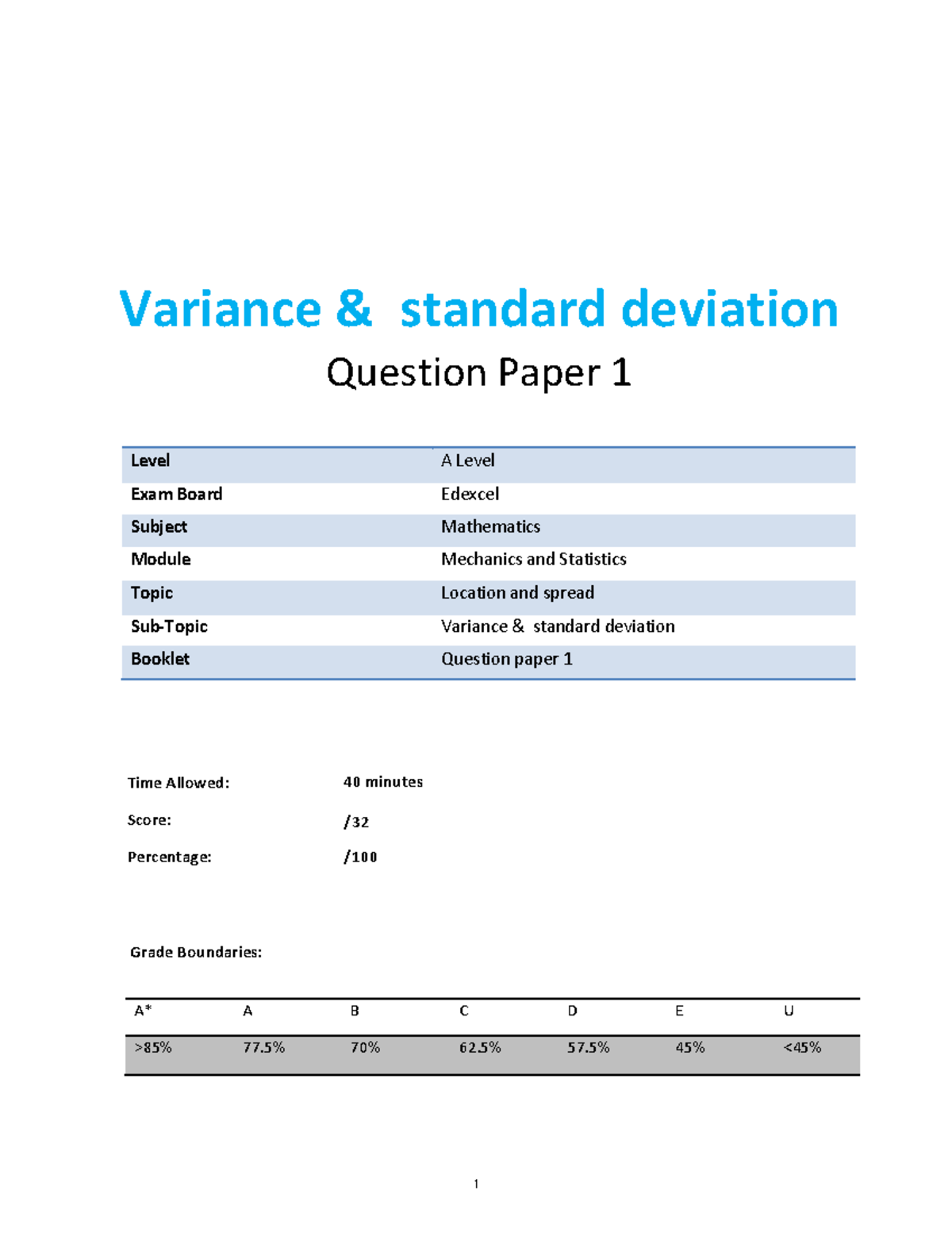 S2 Variance And Standard Deviation Level A Level Exam Board Edexcel Subject Mathematics