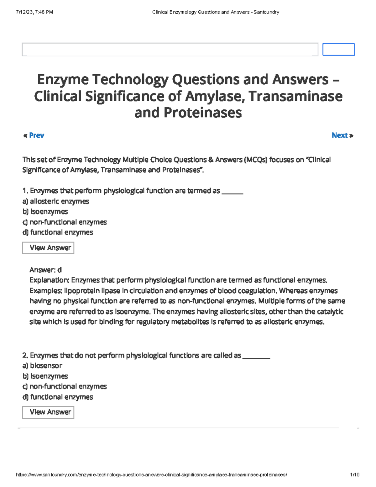 Clinical Enzymology Questions And Answers Sanfoundry Prev Next Enzyme Technology