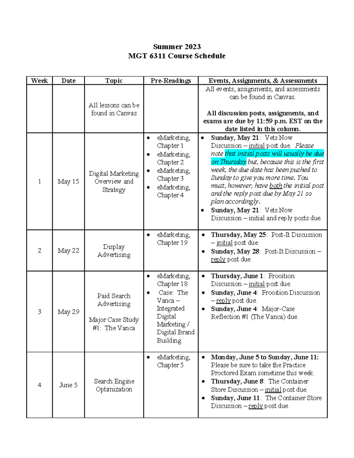 MGT 6311 - Summer 2023 Course Schedule - Summer 2023 MGT 6311 Course ...