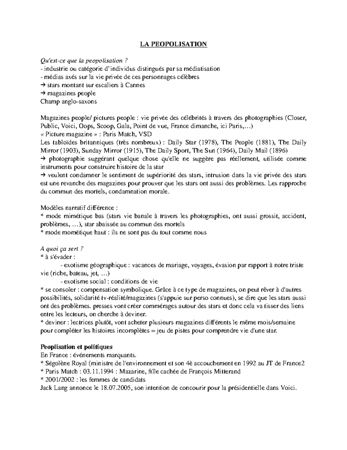 La Peopolisation 7 Notes De Cours 7 La Peopolisation Qu Est Ce Que La Peopolisation Industrie Ou Cat Gorie Individus Distingu Par Sa Diatisation Dias Ax Sur Studocu