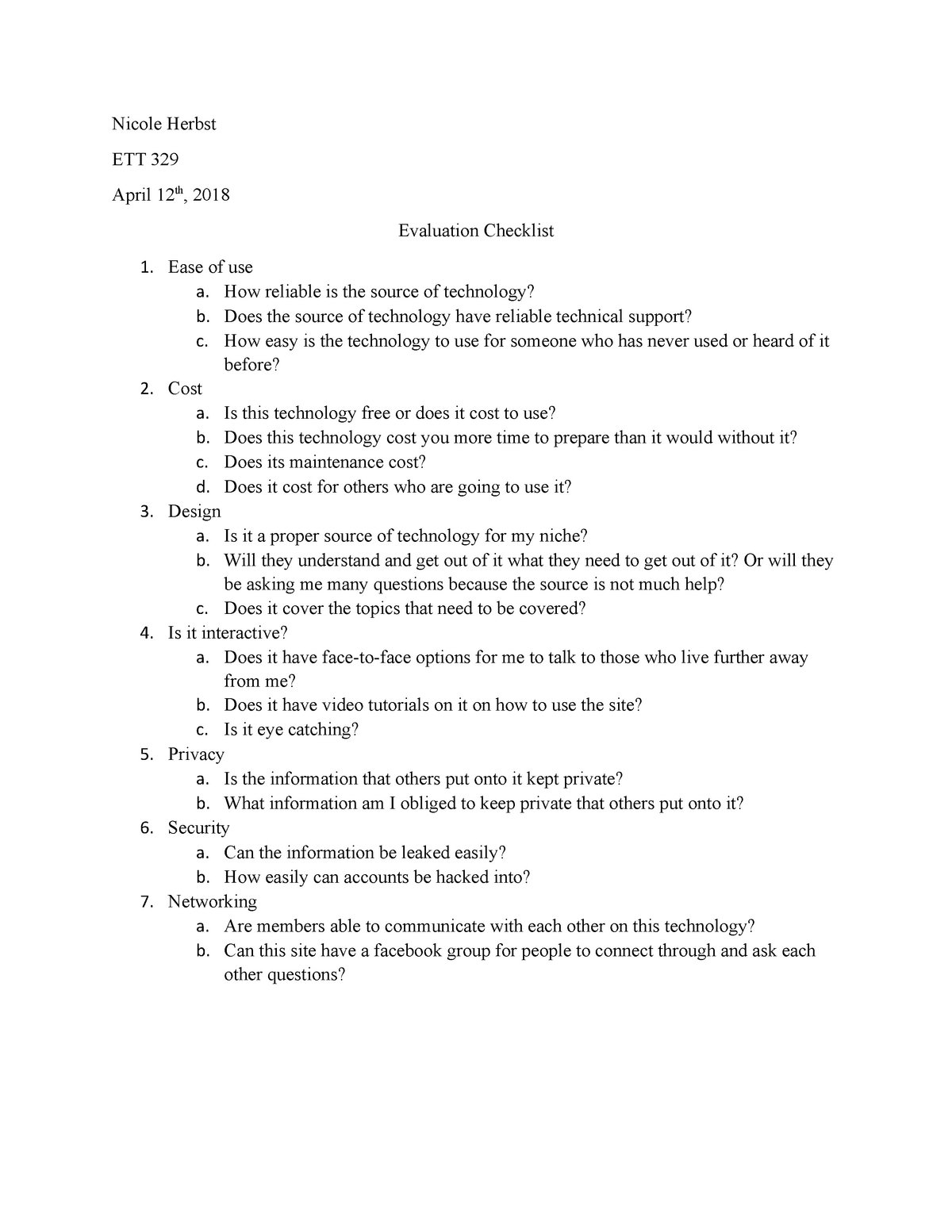 ETT 329 Evaluation Checklist - Nicole Herbst ETT 329 April 12th, 2018 ...