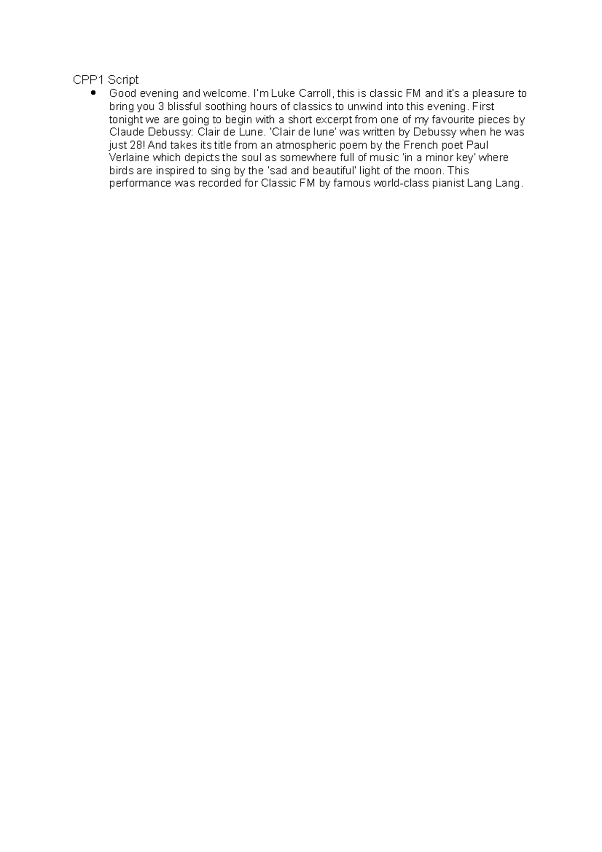 Script for CPP1 - yes - CPP1 Script Good evening and welcome. I’m Luke ...
