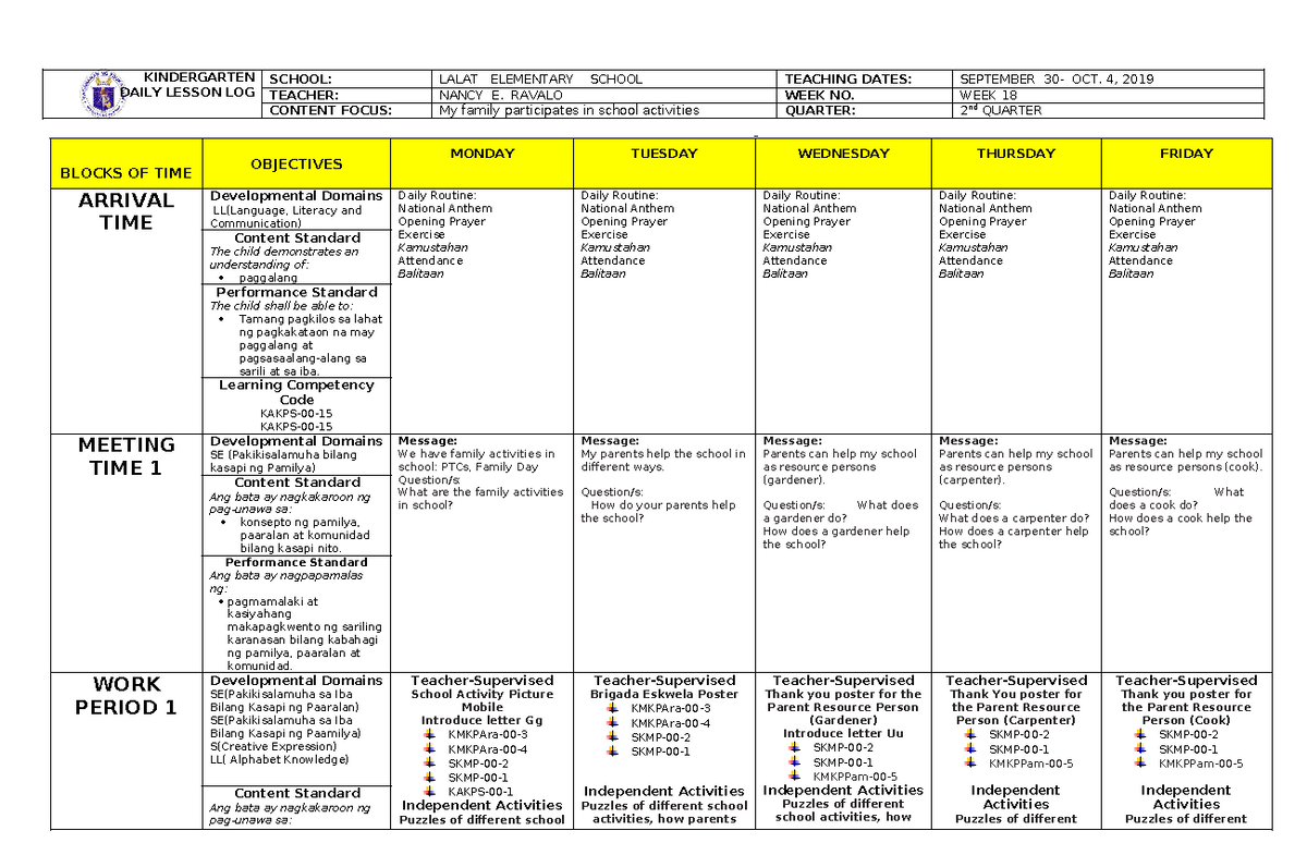 WEEK 18 - NEW KTG DLL - DAILY LESSON LOG - KINDERGARTEN DAILY LESSON ...