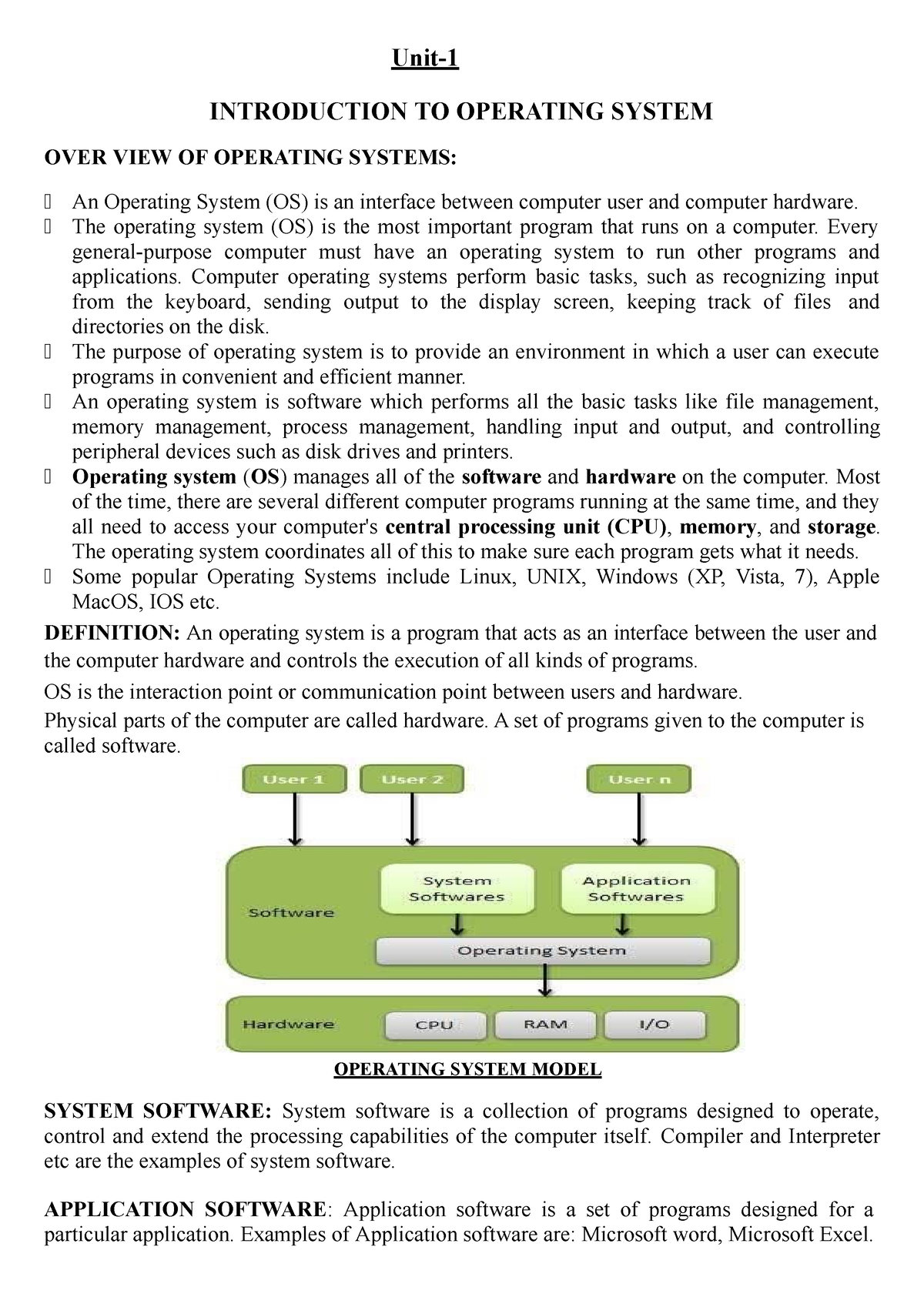 Unit 1 Notes - Unit- INTRODUCTION TO OPERATING SYSTEM OVER VIEW OF ...