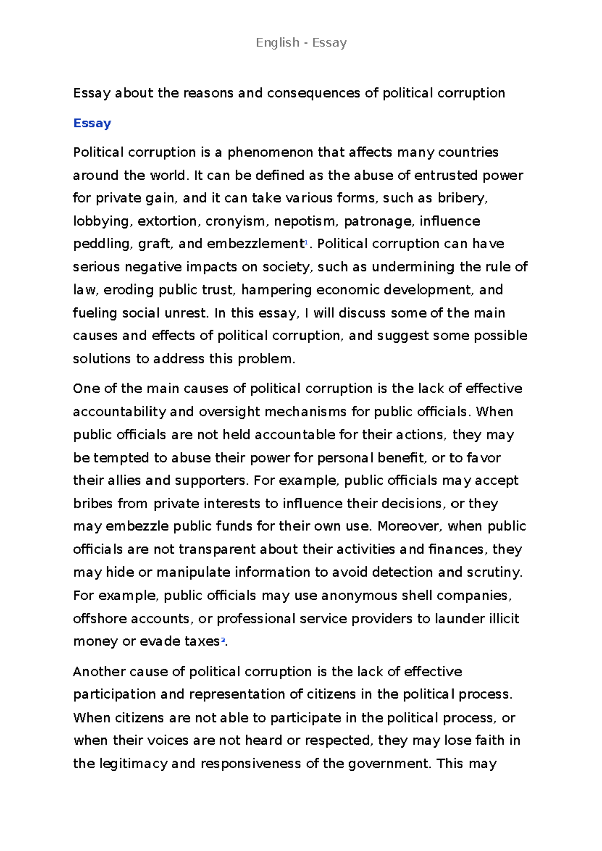 English Essay - The reasons and consequences of political corruption ...