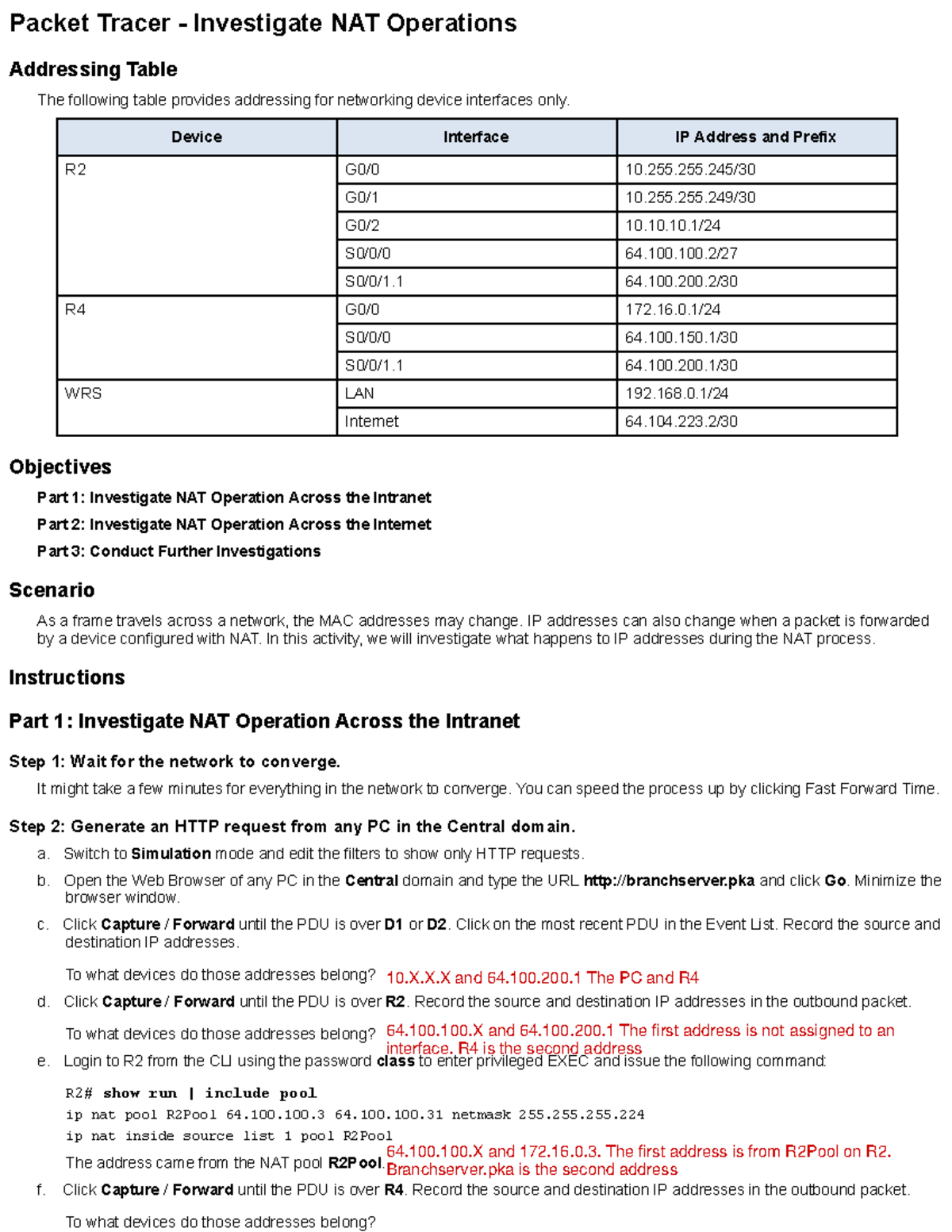 6 - YES - Packet Tracer - Investigate NAT Operations Addressing Table ...