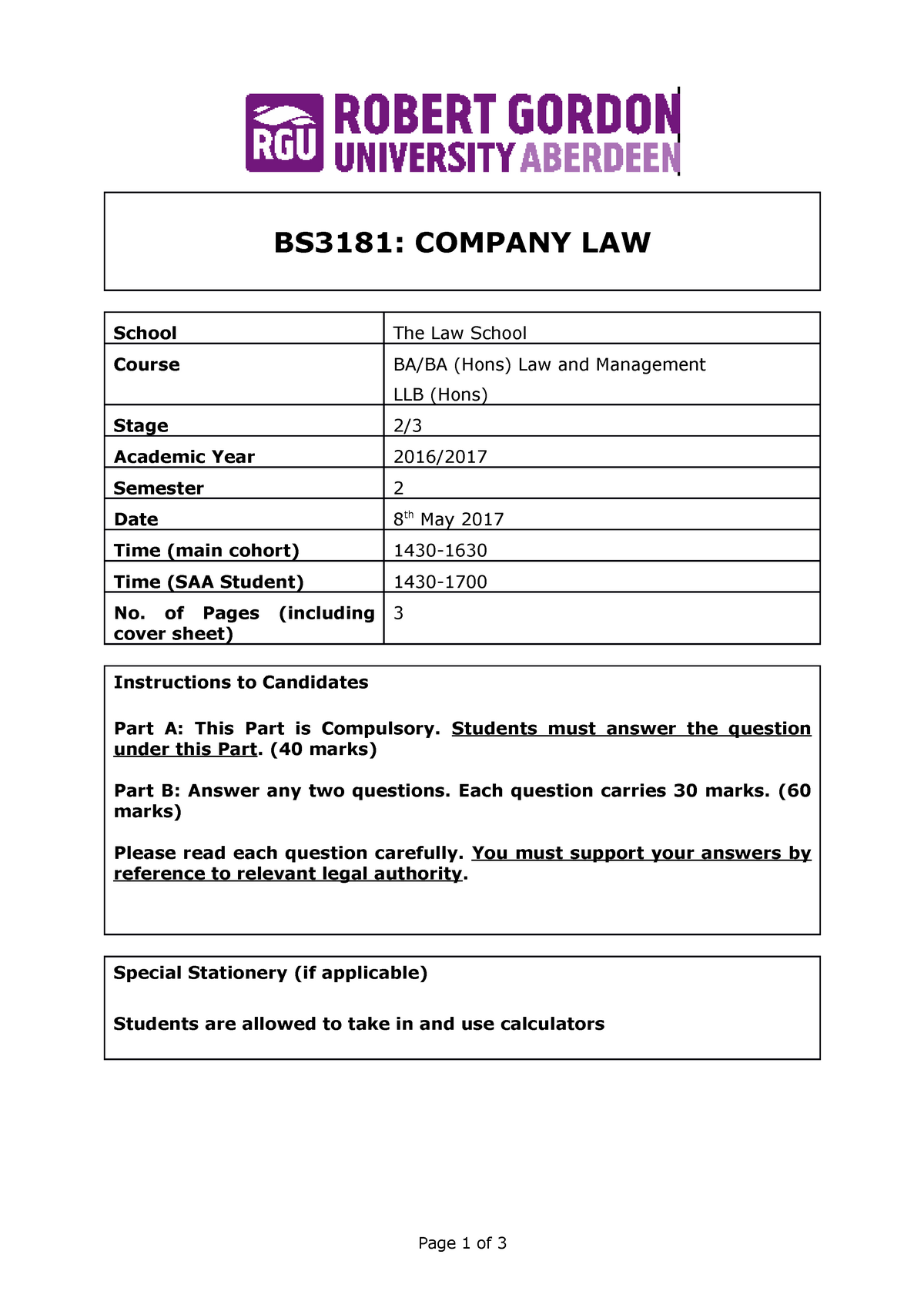 Company Law EXAM - BS3181: COMPANY LAW School The Law School Course BA ...