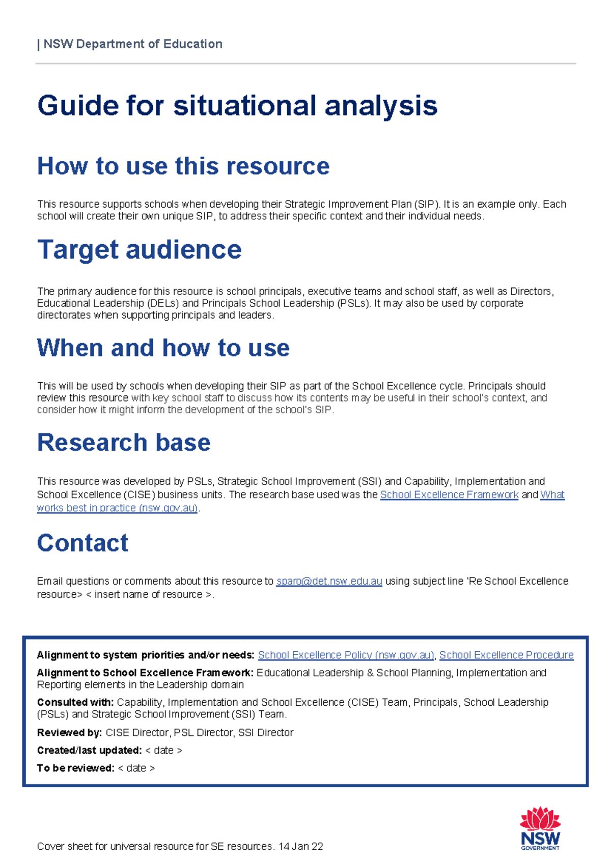 Situation analysis NSW Department of Education Cover s heet f or u