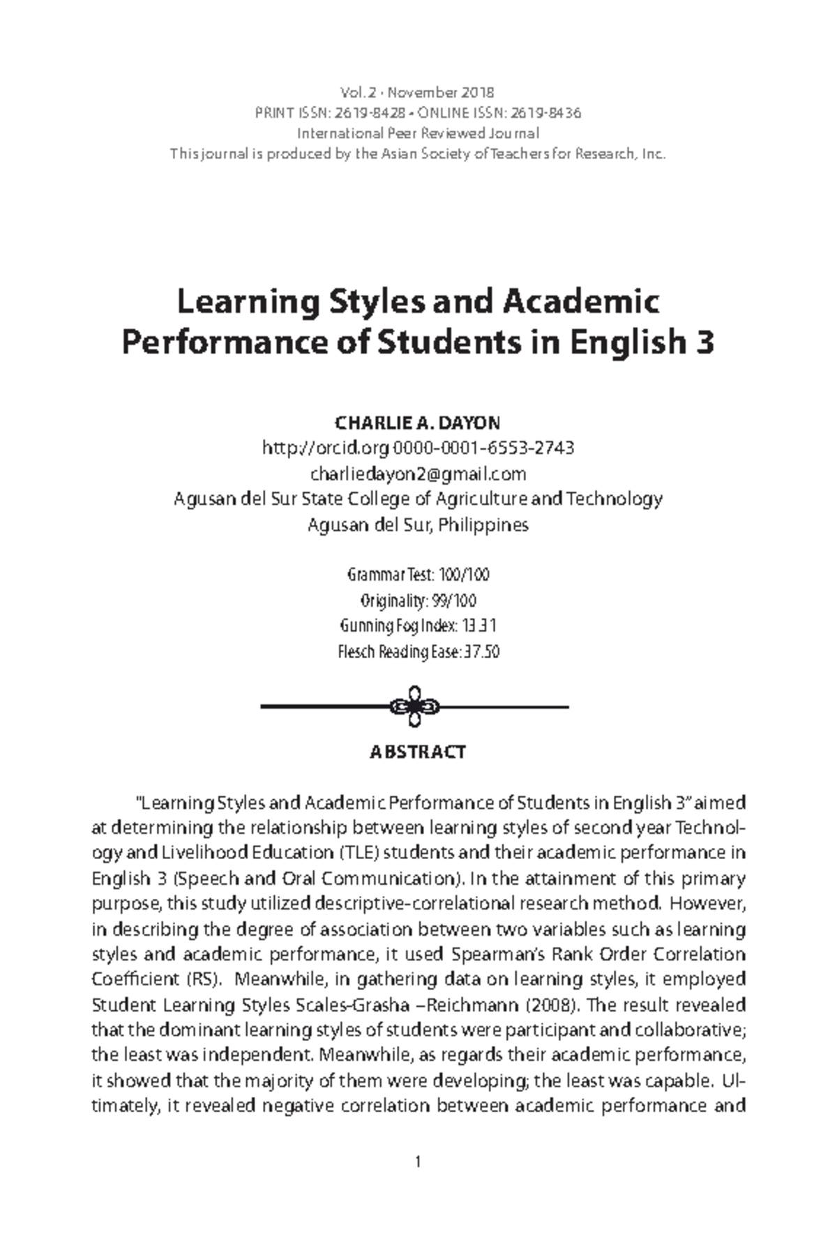 Article 1. Dayon Learning Styles - Volume 2 · November 2018 Learning ...