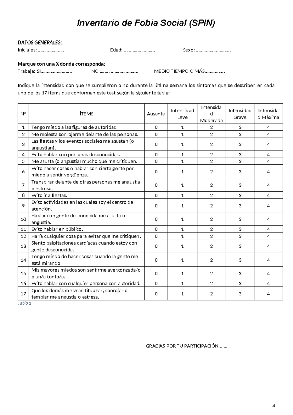 Cuestionario SPIN - SPIN - Inventario de Fobia Social (SPIN) DATOS ...