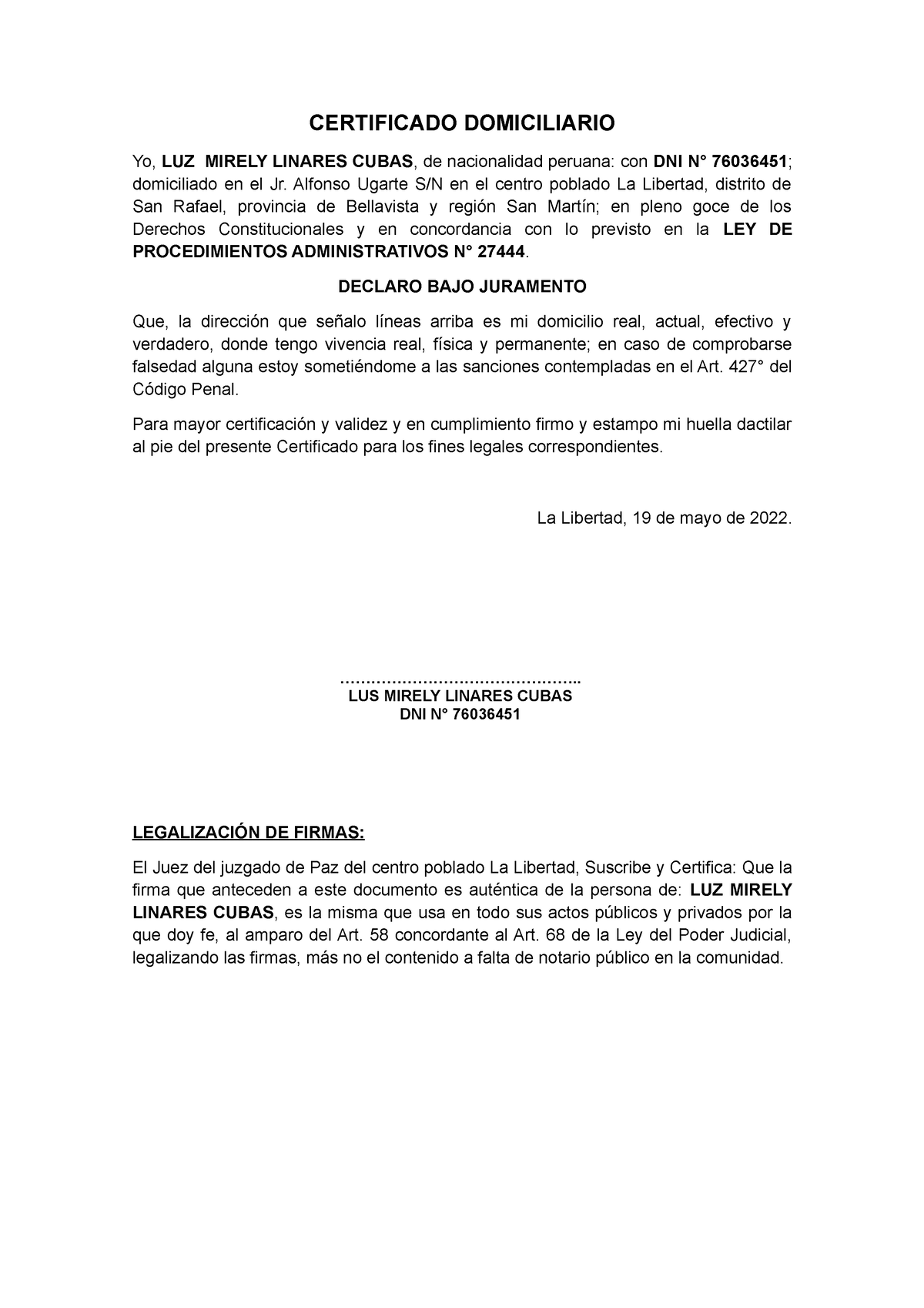 Certificado Domiciliario Certificado Domiciliario Yo Luz Mirely Linares Cubas De 2355