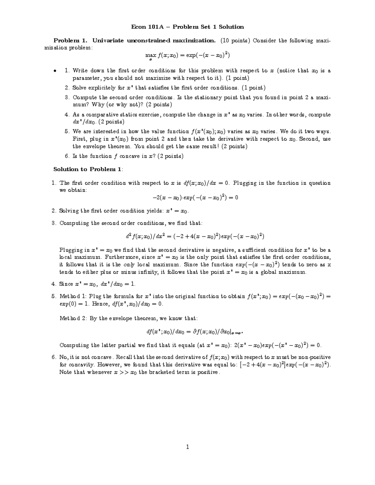 Pset1solution - Problem Set 1 - Econ 101A — Problem Set 1 Solution ...