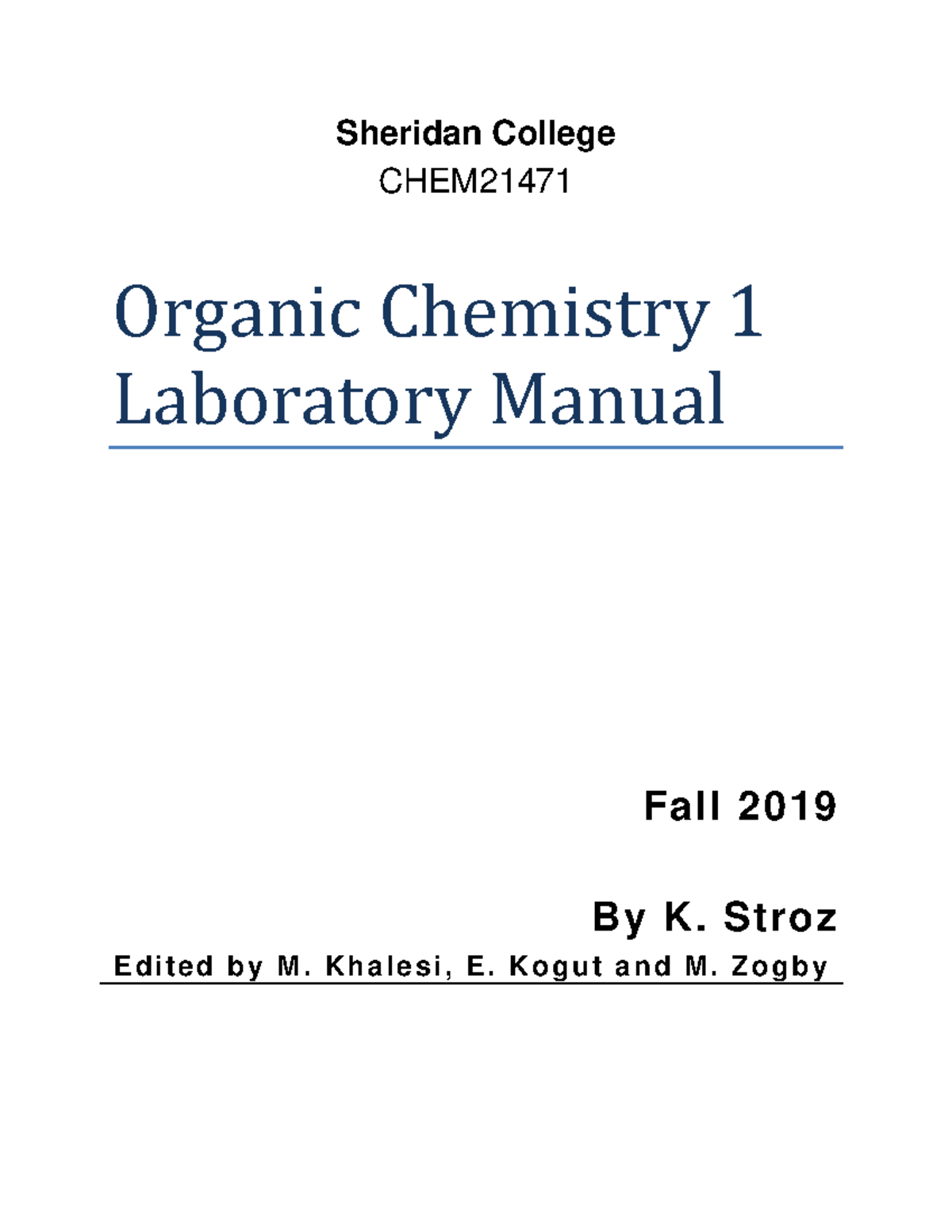 Organic Chemistry 1 Lab Manual - F2019-v1 - Sheridan College CHEM ...