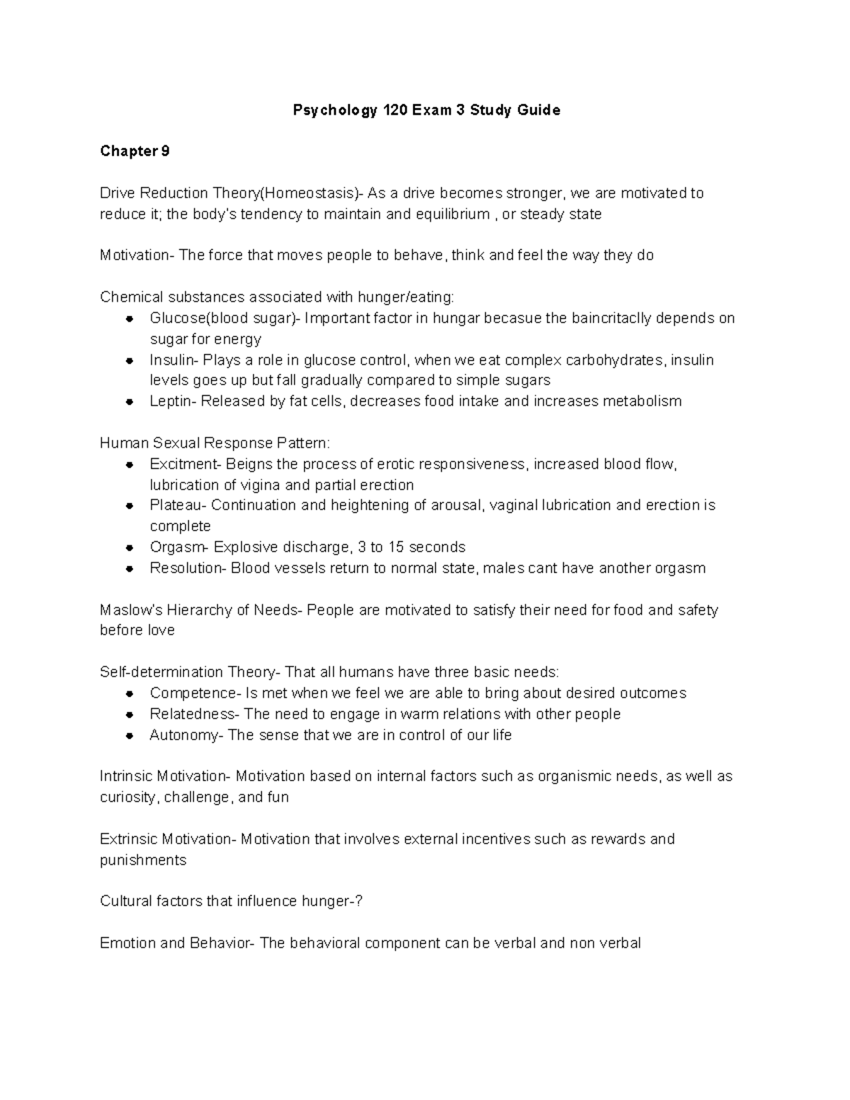 Exam 3 Study Guide - Psychology 120 Exam 3 Study Guide Chapter 9 Drive ...