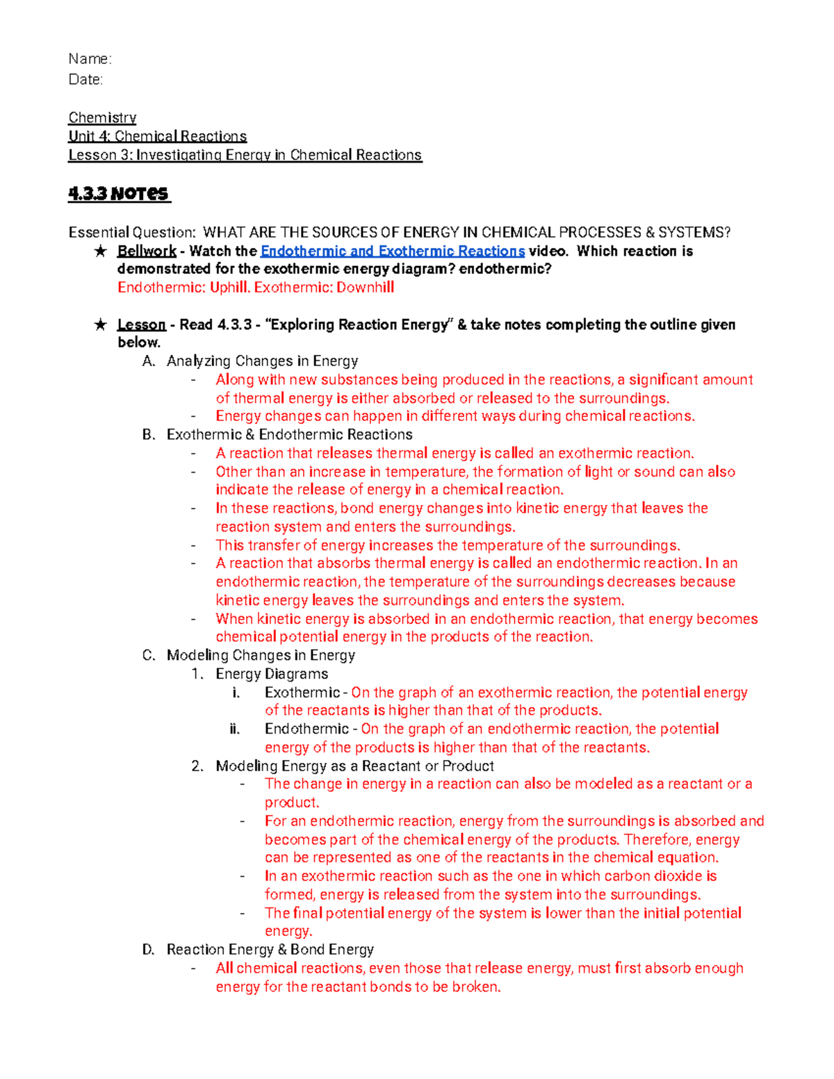 4.3.3 Notes - Name: Date: Chemistry Unit 4: Chemical Reactions Lesson 3 ...