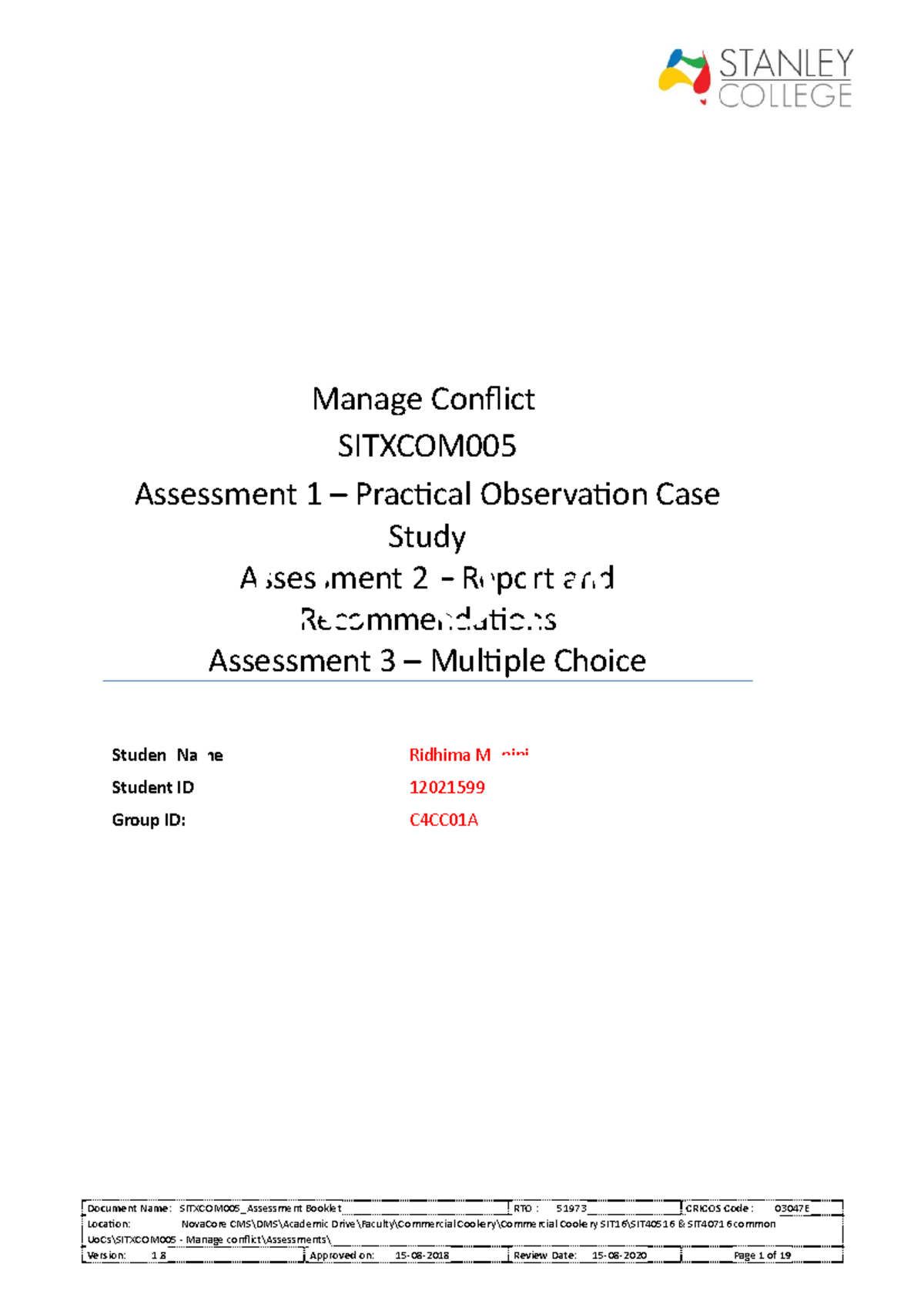 Sitxcom 005 Assessment Booklet - Manage Conflict SITXCOM Assessment 1 ...