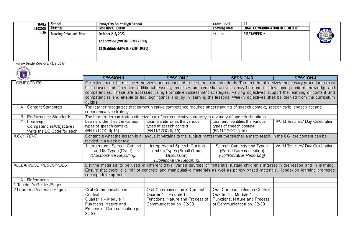 daily lesson log - DAILY LESSON LOG School Pasay City South High School ...