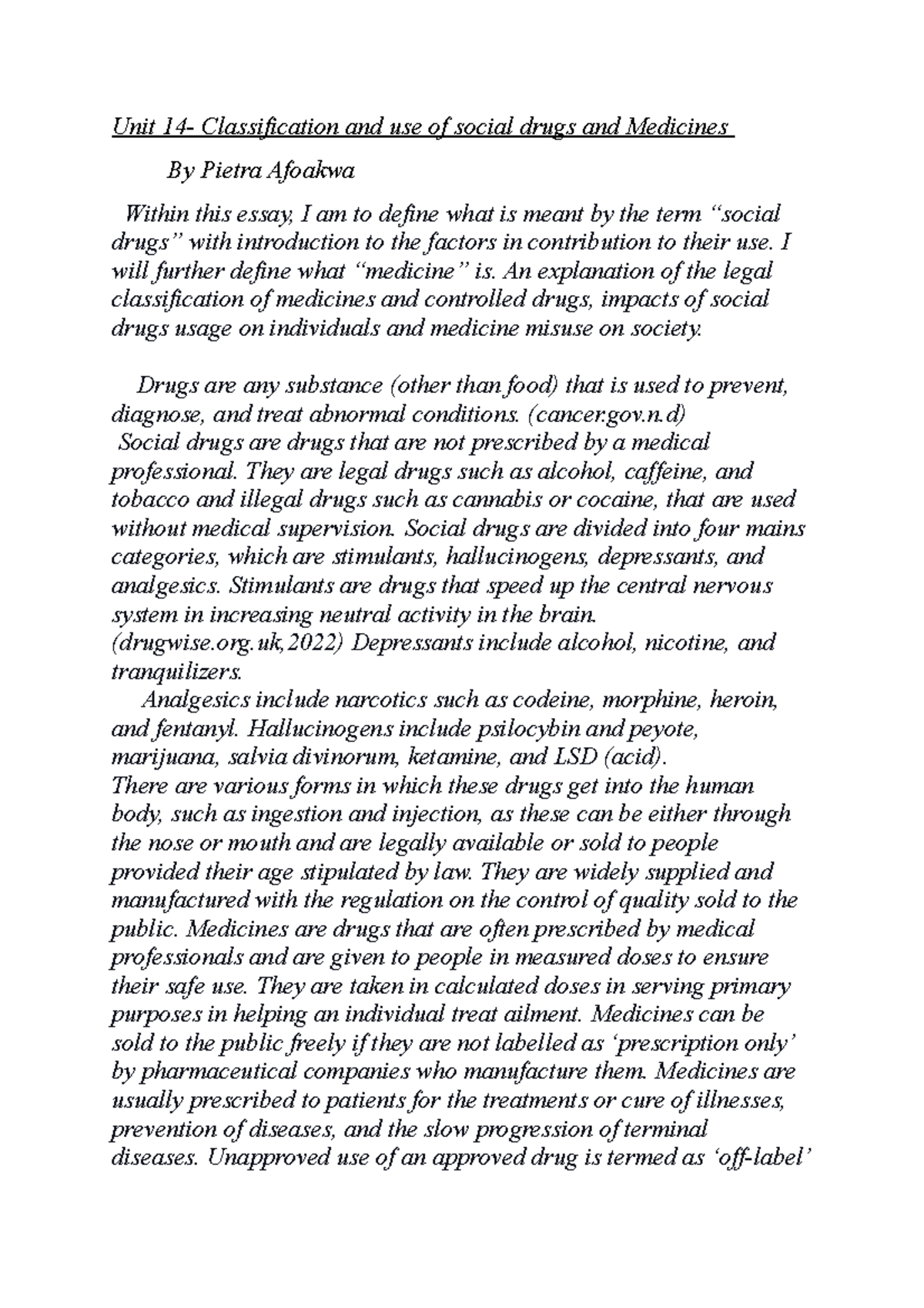 Social drugs- 14 - Unit 14- Classification and use of social drugs and ...