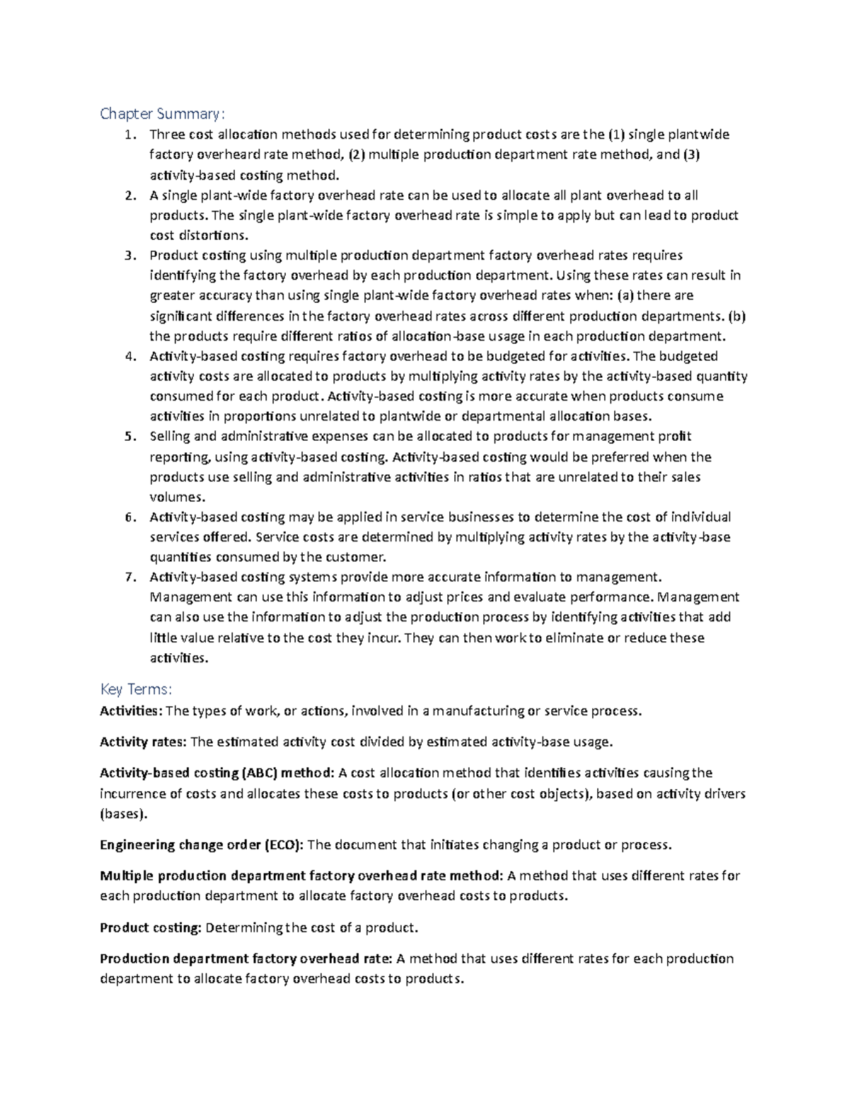 ACC 202 - Chapter 4 Summary - Chapter Summary: Three cost allocation ...