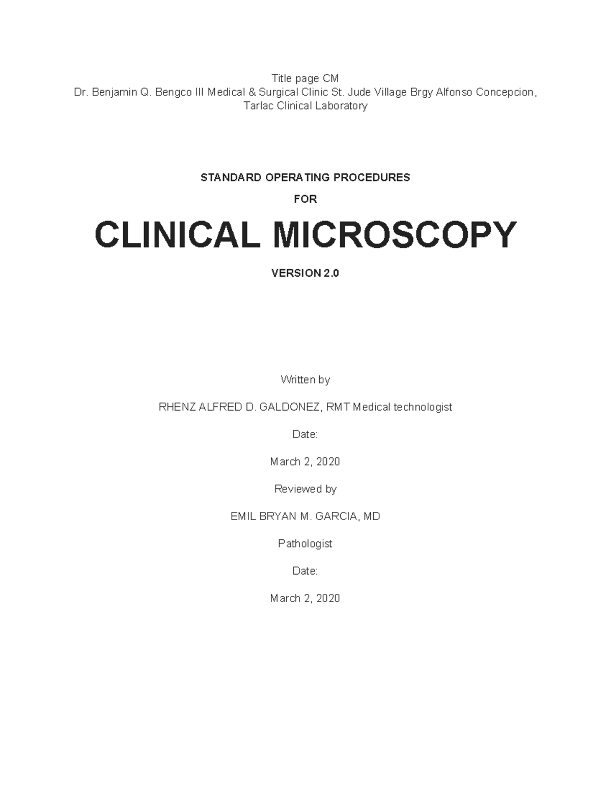 CM SOP - A standard operating procedure on clinical microscopy that ...